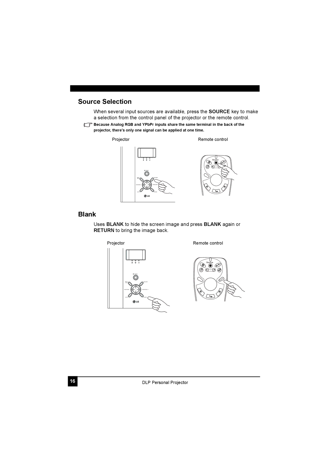 LG Electronics RDJT52 1024X768 XGA, RDJT50 1024X768 XGA manual Source Selection, Blank 