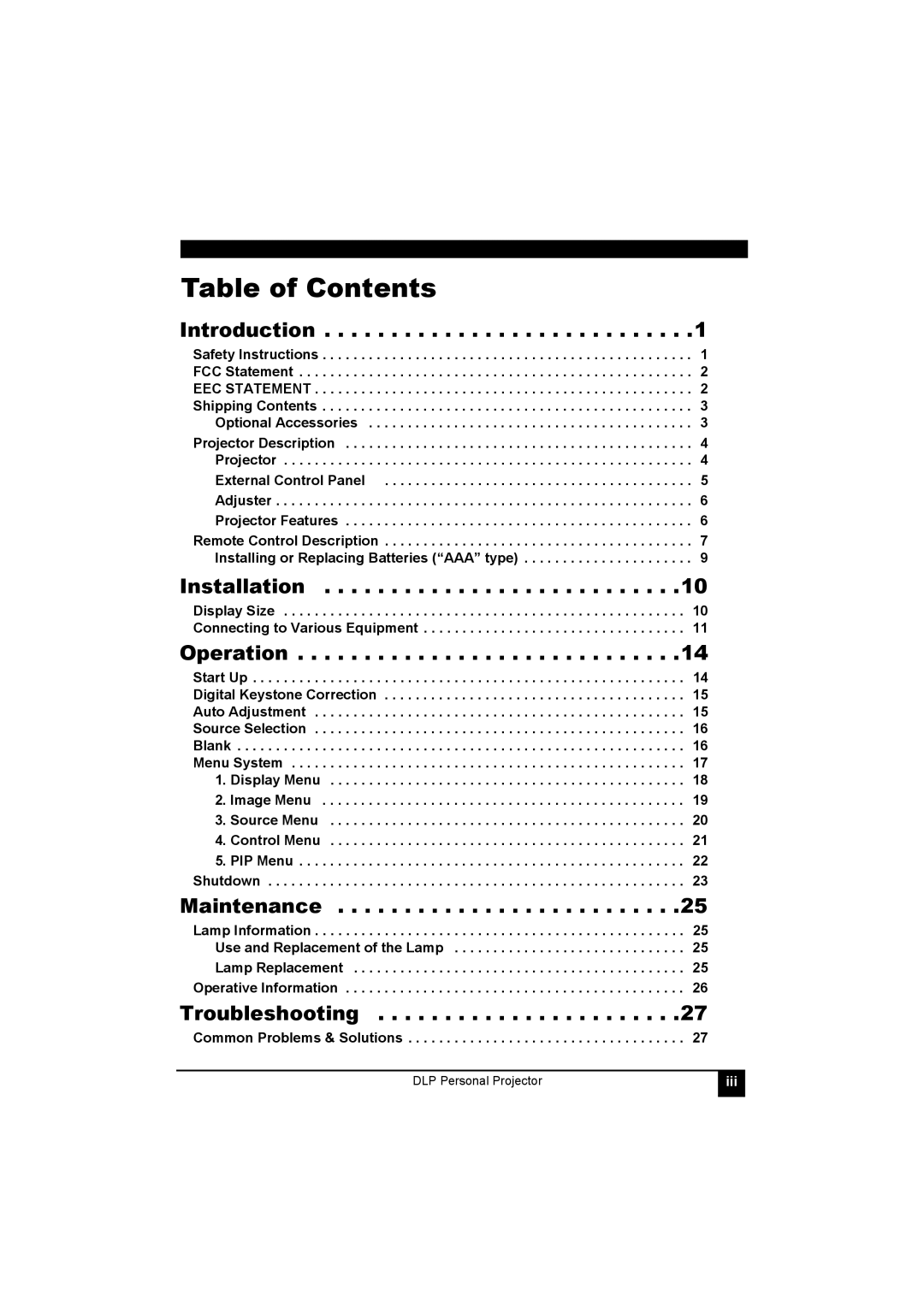 LG Electronics RDJT50 1024X768 XGA, RDJT52 1024X768 XGA manual Table of Contents 