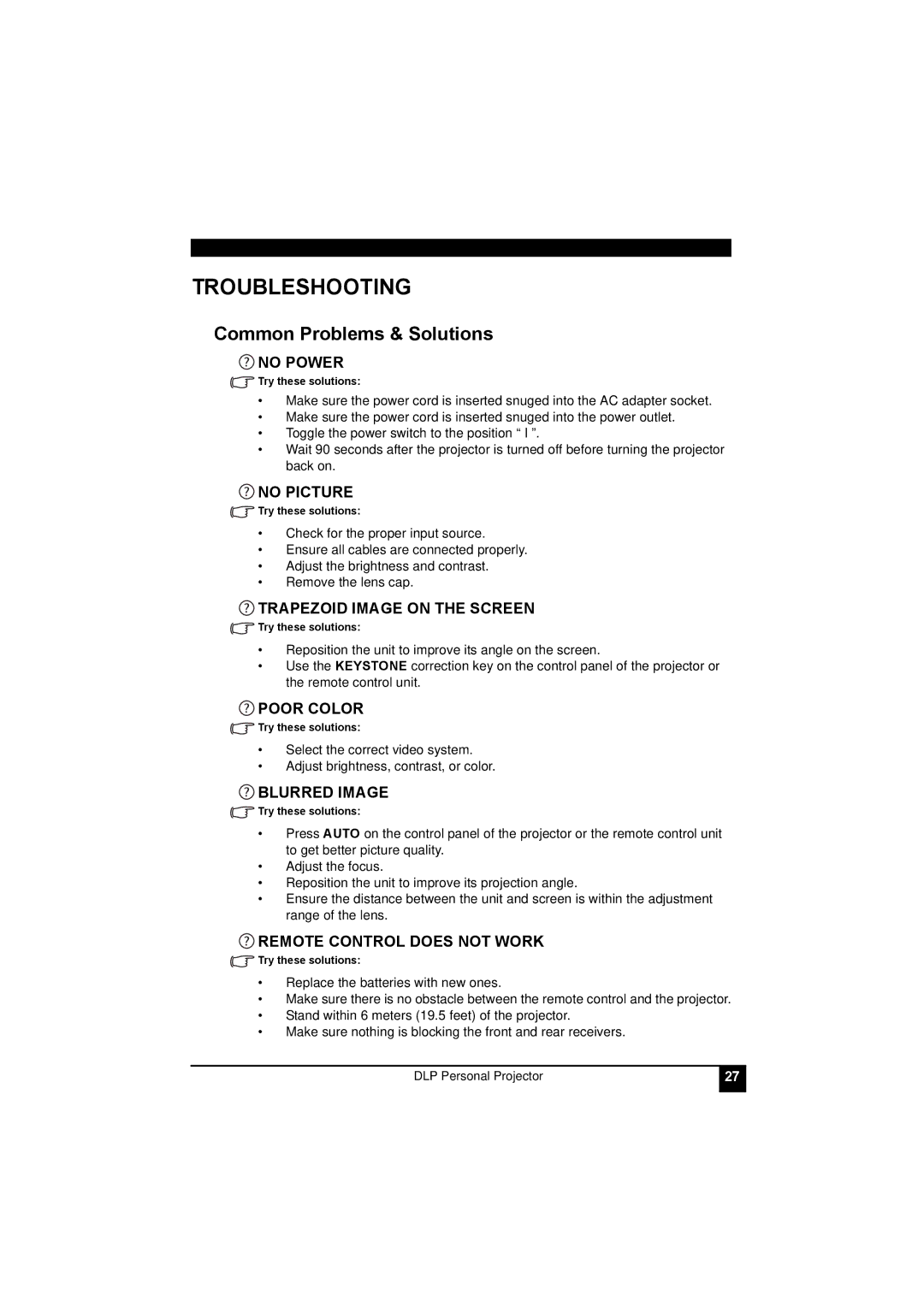 LG Electronics RDJT50 1024X768 XGA, RDJT52 1024X768 XGA manual Troubleshooting, Common Problems & Solutions 