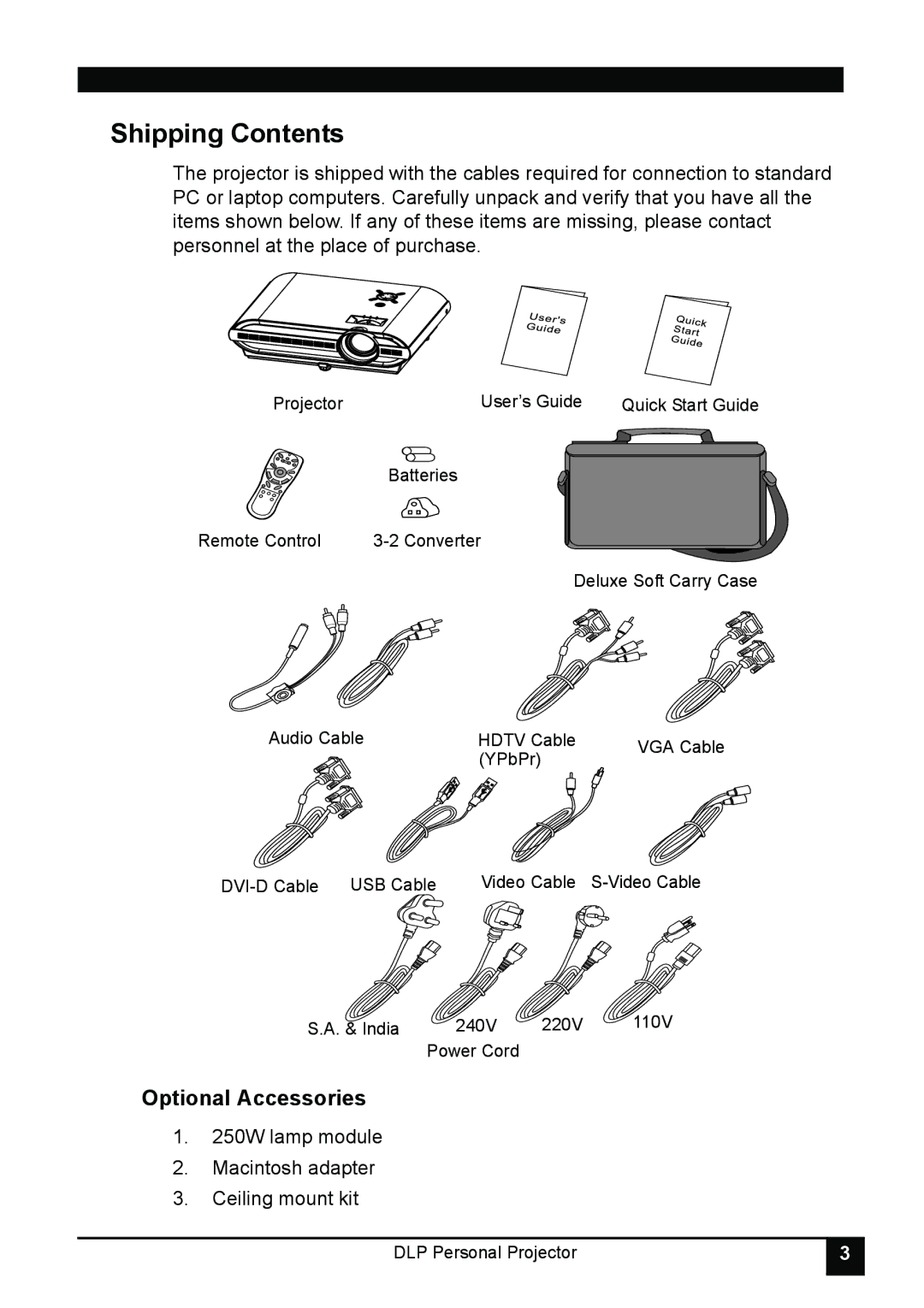 LG Electronics RDJT50 1024X768 XGA, RDJT52 1024X768 XGA manual Shipping Contents 