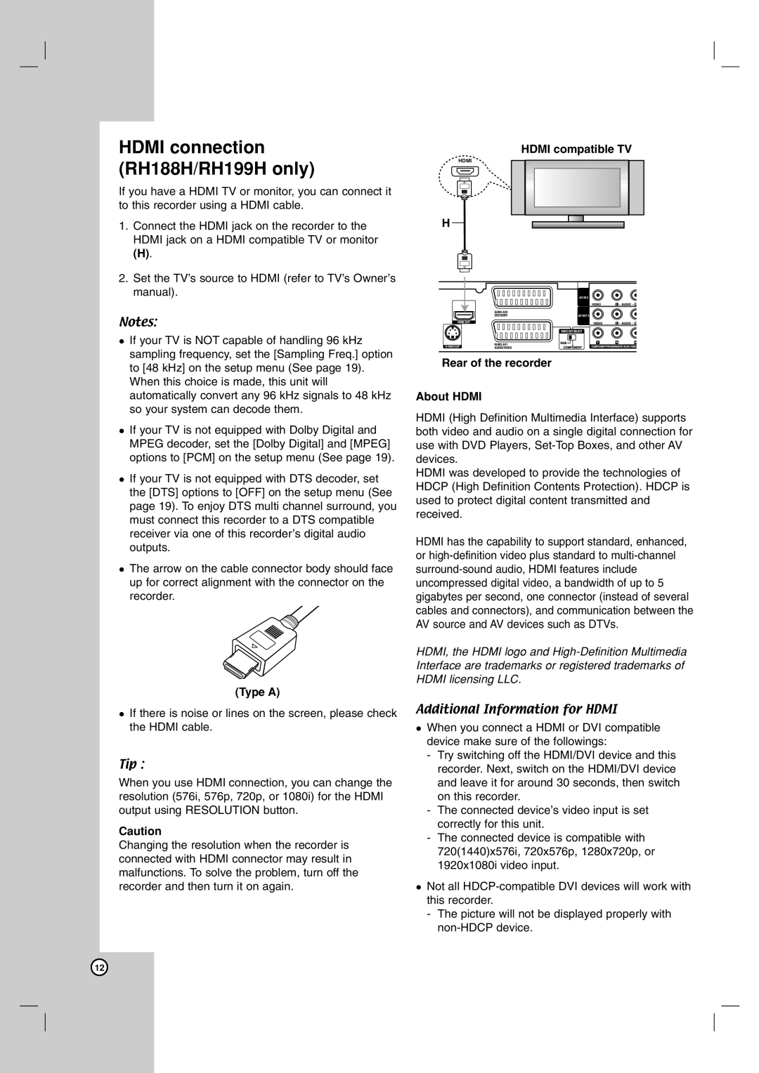 LG Electronics Hdmi connection RH188H/RH199H only, Type a, Hdmi compatible TV, Rear of the recorder About Hdmi 