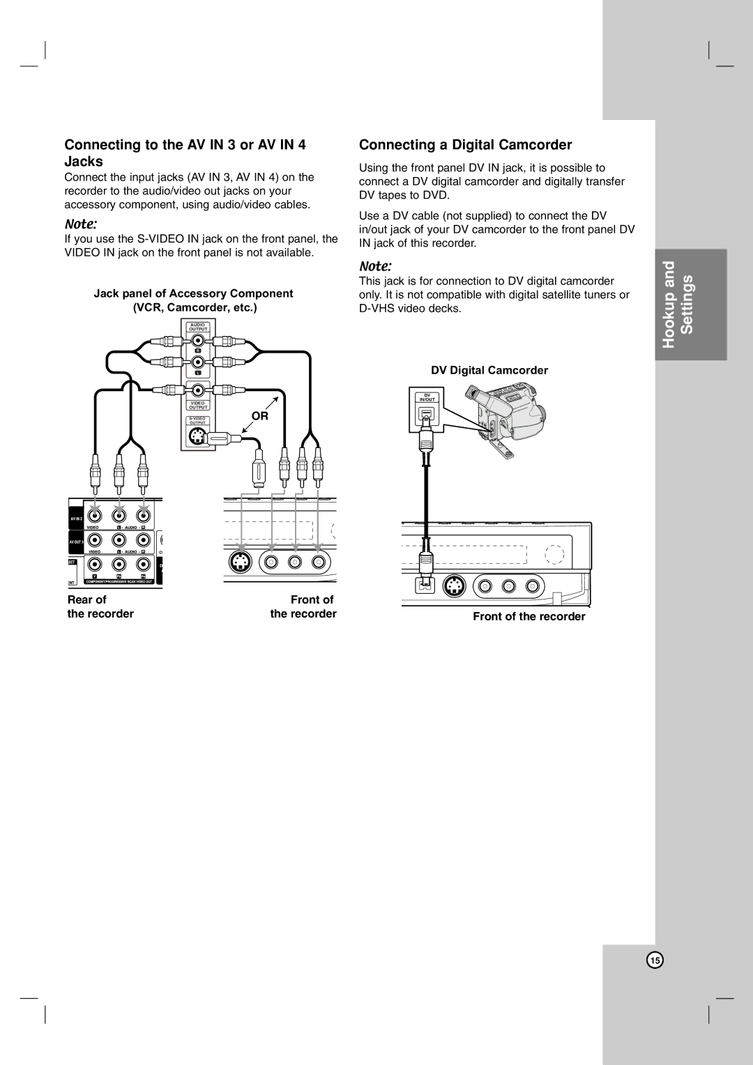 LG Electronics RH188H, RH199H owner manual Connecting to the AV in 3 or AV in 4 Jacks, Connecting a Digital Camcorder 