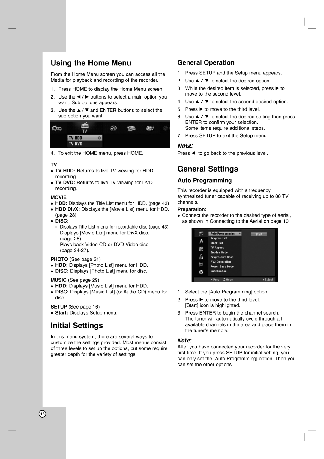 LG Electronics RH199H, RH188 Using the Home Menu, Initial Settings, General Settings, Auto Programming, Preparation 