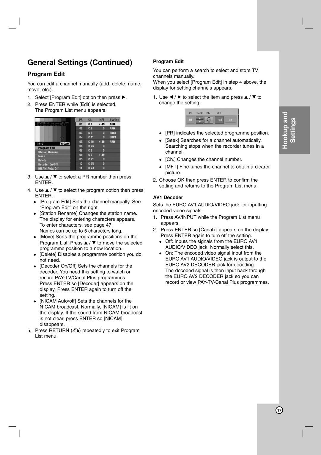 LG Electronics RH199H, RH188H owner manual Program Edit, AV1 Decoder 