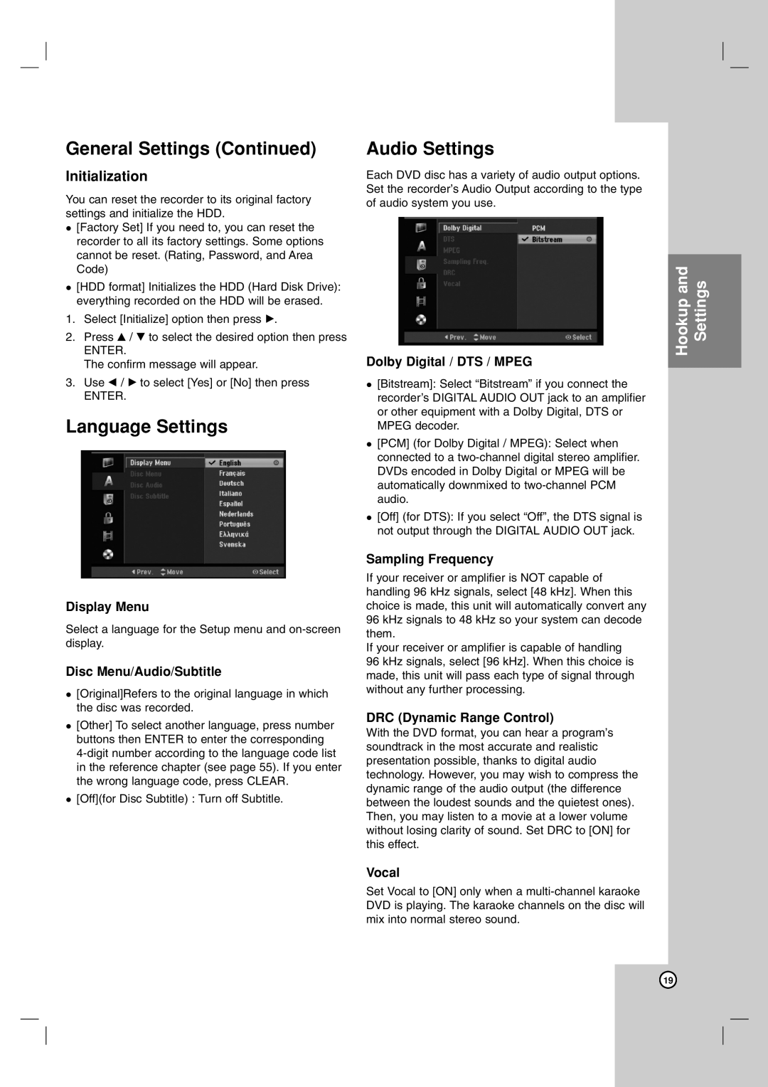 LG Electronics RH188H, RH199H owner manual Language Settings, Audio Settings, Initialization 