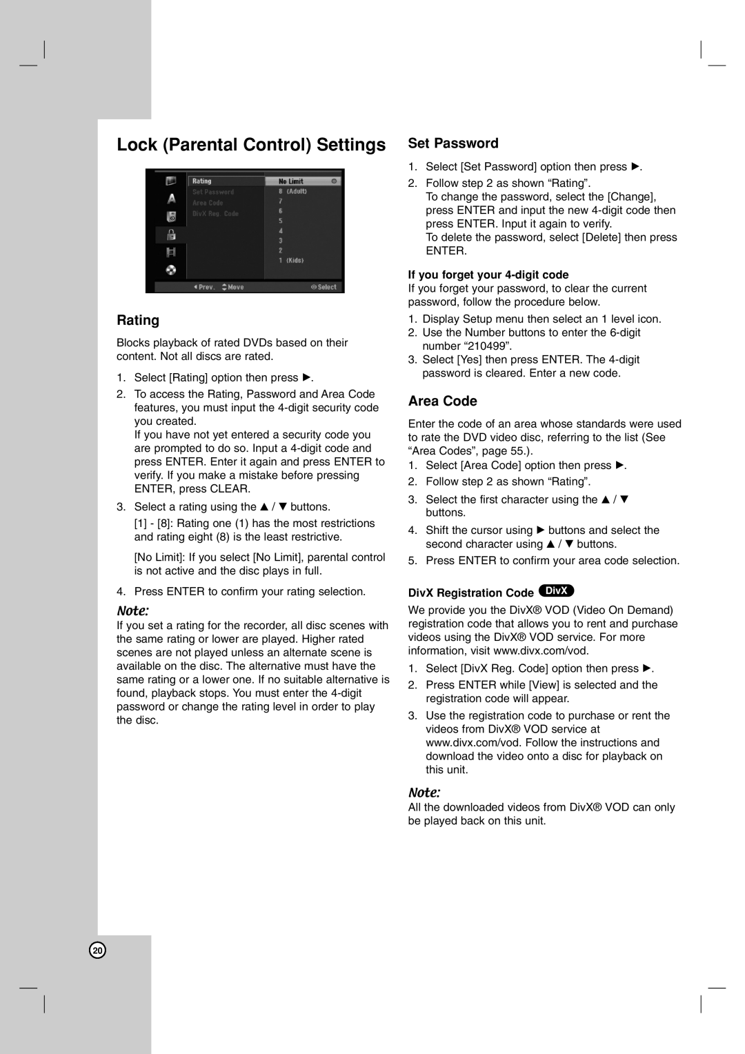 LG Electronics RH199H, RH188H owner manual Lock Parental Control Settings, Rating, Set Password, Area Code 