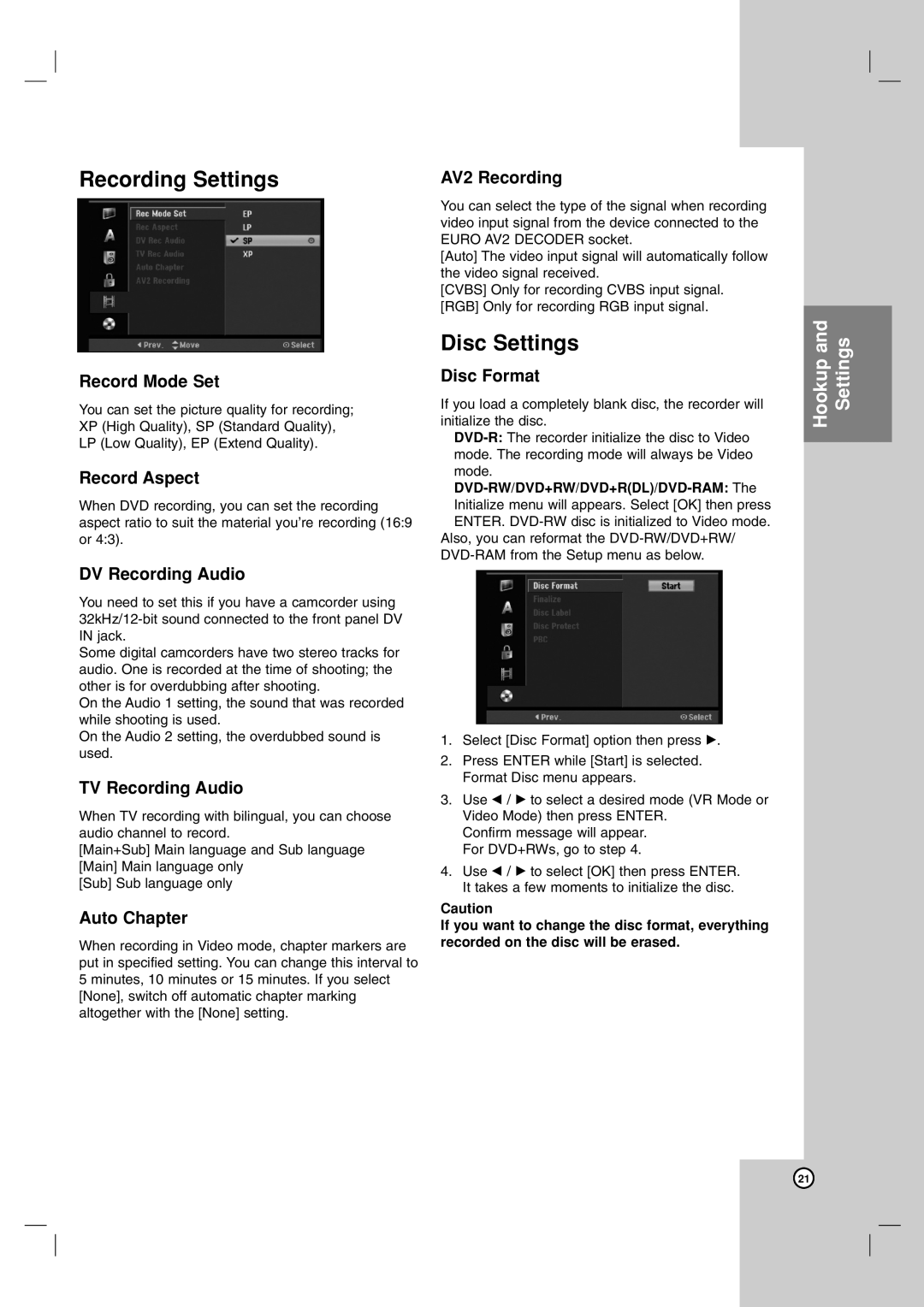 LG Electronics RH199H, RH188H owner manual Recording Settings, Disc Settings 