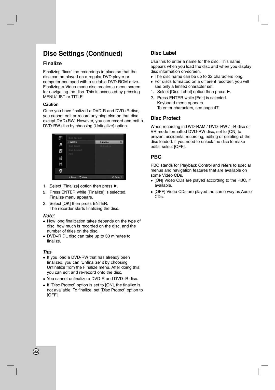 LG Electronics RH199H, RH188H owner manual Finalize, Disc Label, Disc Protect 