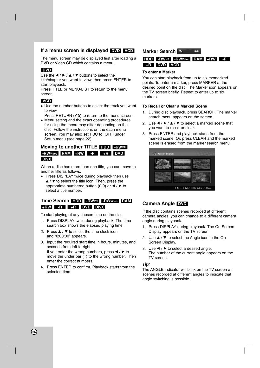 LG Electronics RH199H, RH188H owner manual If a menu screen is displayed DVD VCD, Marker Search, Camera Angle DVD 