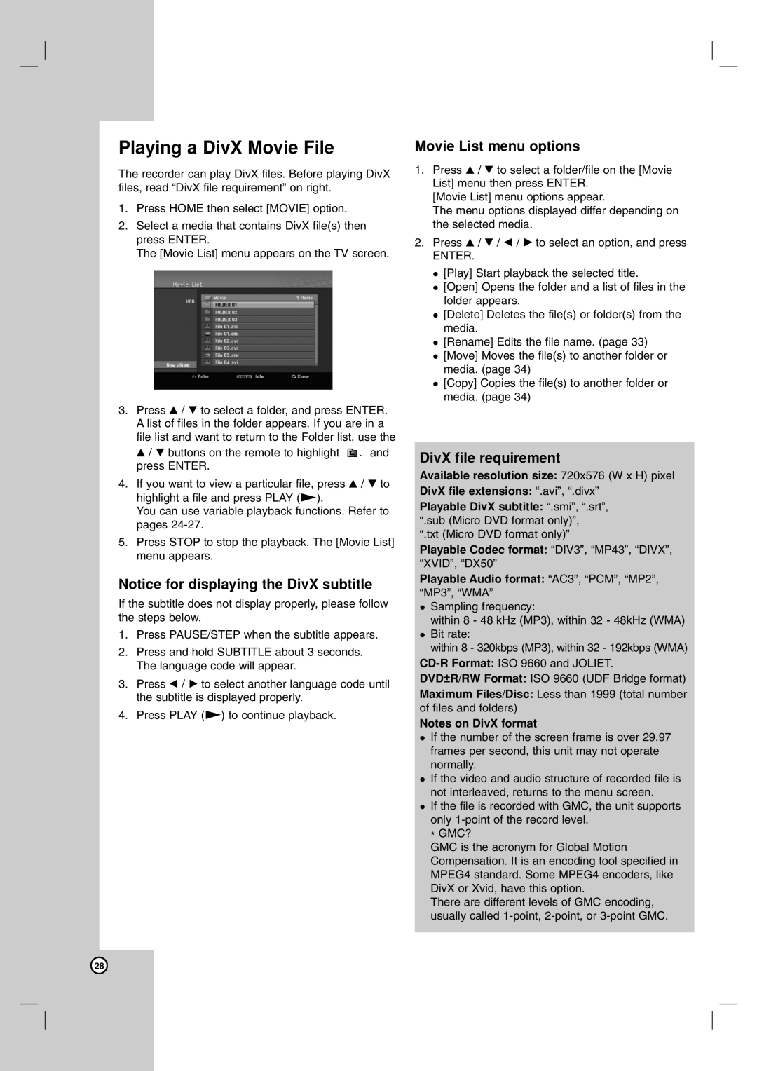 LG Electronics RH199H, RH188H owner manual Playing a DivX Movie File, Movie List menu options, DivX file requirement 