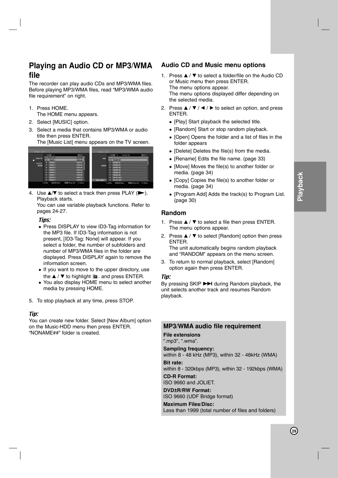 LG Electronics RH199H, RH188H owner manual Playing an Audio CD or MP3/WMA file, Audio CD and Music menu options, Random 