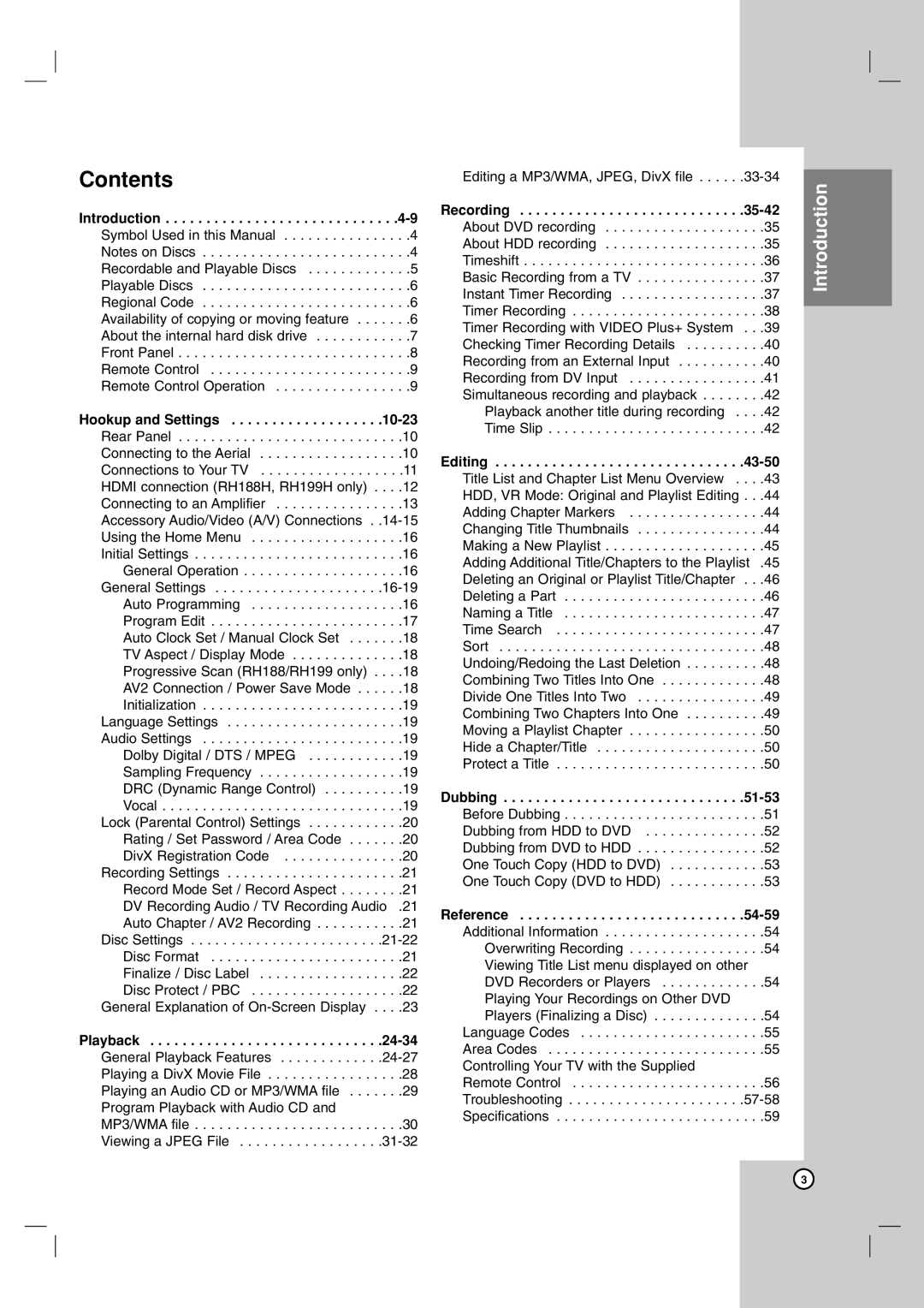 LG Electronics RH188H, RH199H owner manual Contents 