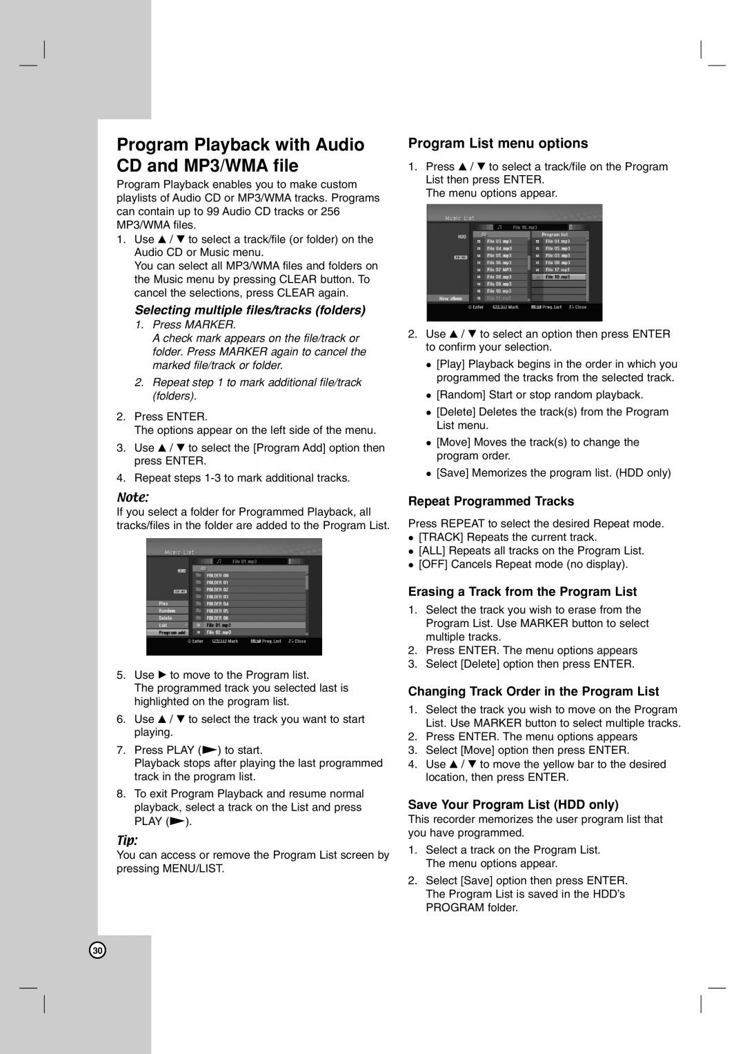 LG Electronics RH199H, RH188H owner manual Program Playback with Audio CD and MP3/WMA file, Program List menu options 