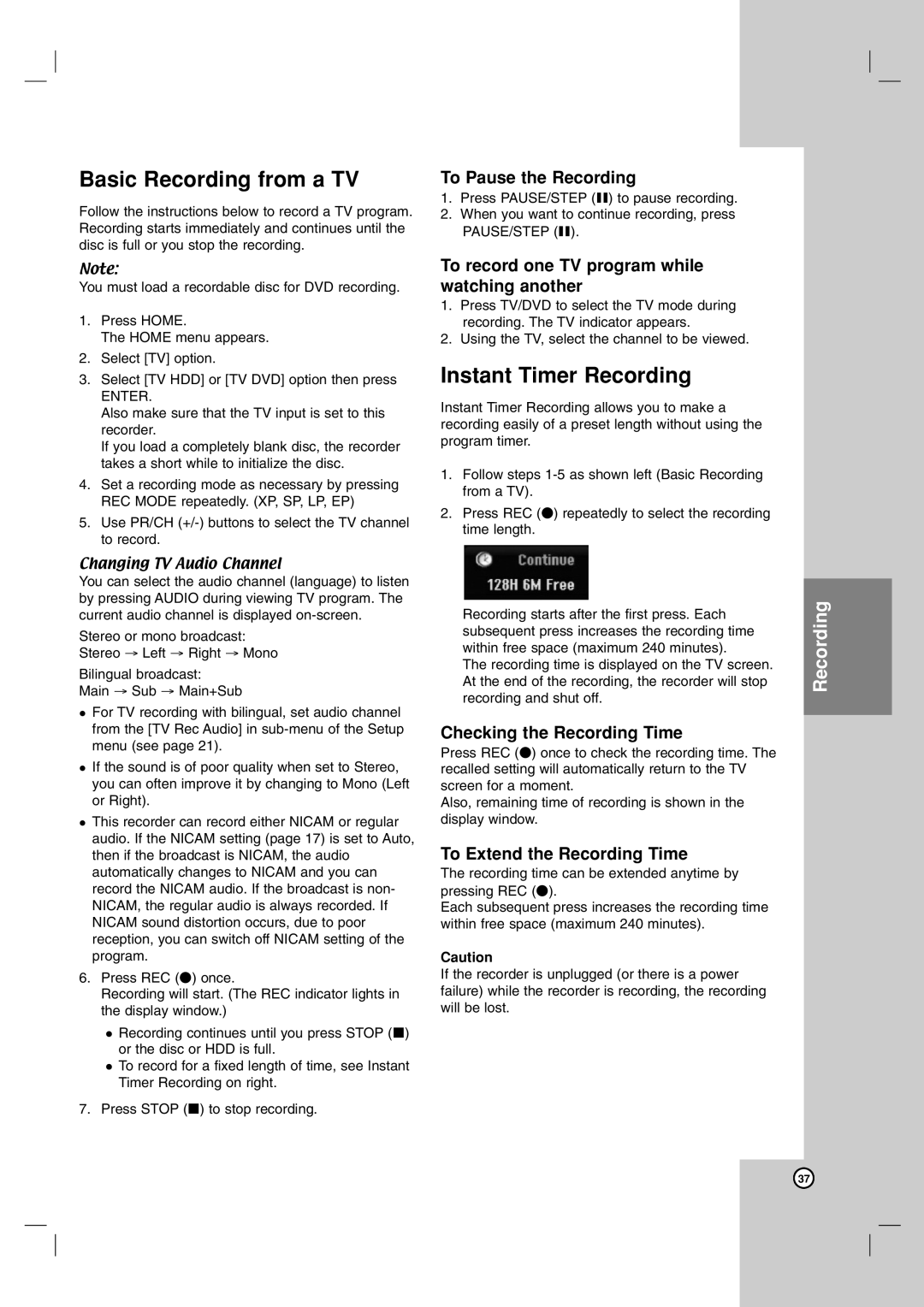 LG Electronics RH199H, RH188H owner manual Basic Recording from a TV, Instant Timer Recording 