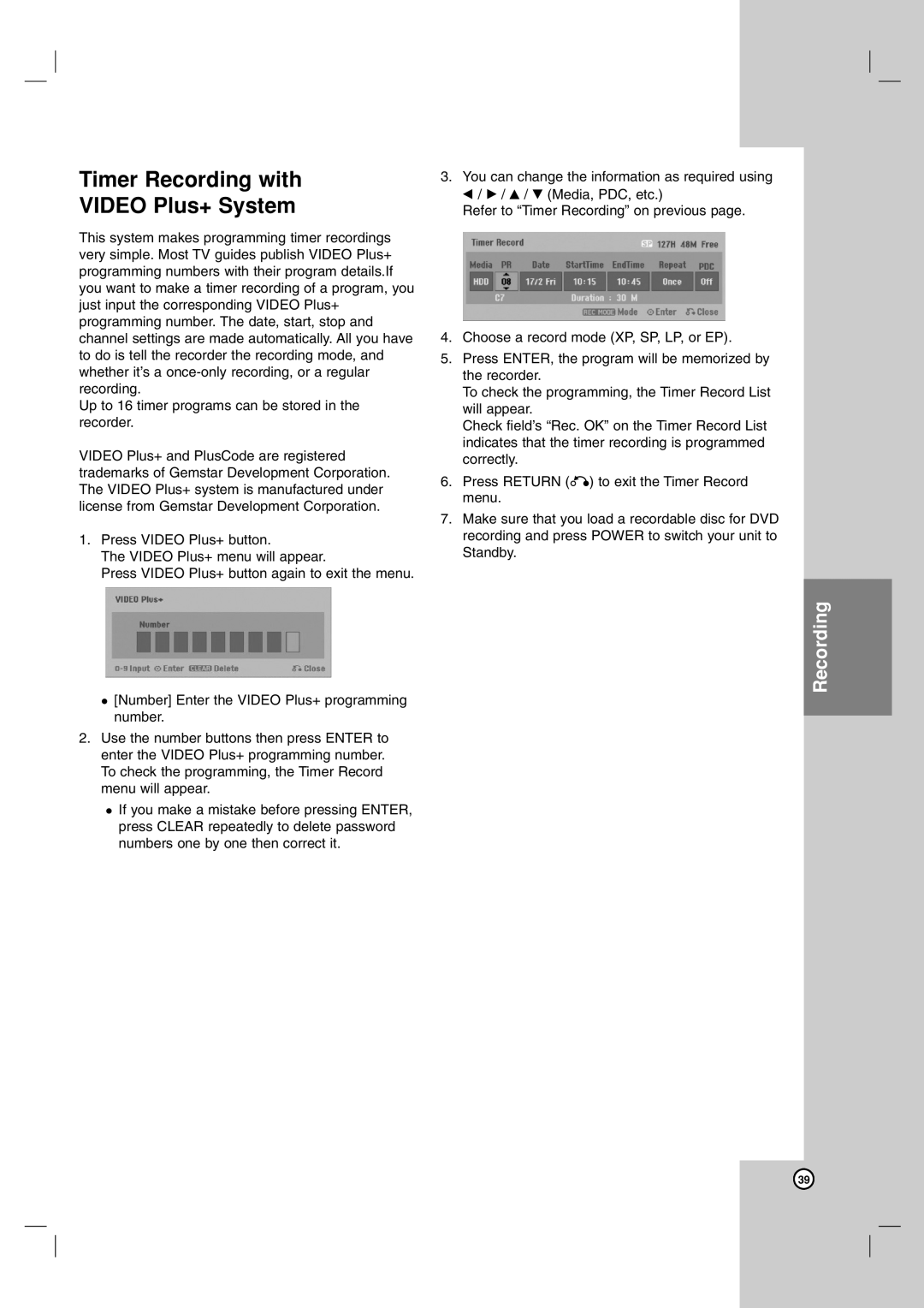 LG Electronics RH188H, RH199H owner manual Timer Recording with Video Plus+ System 