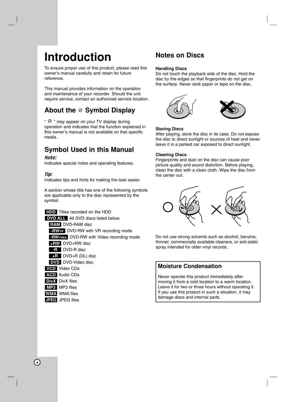 LG Electronics RH199 Introduction, About the Symbol Display Symbol Used in this Manual, Handling Discs, Storing Discs 