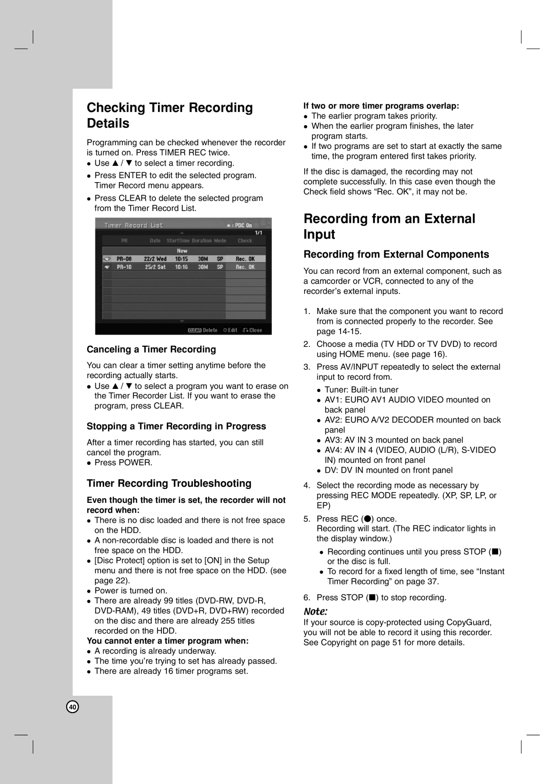 LG Electronics RH199 Checking Timer Recording Details, Recording from an External Input, Timer Recording Troubleshooting 