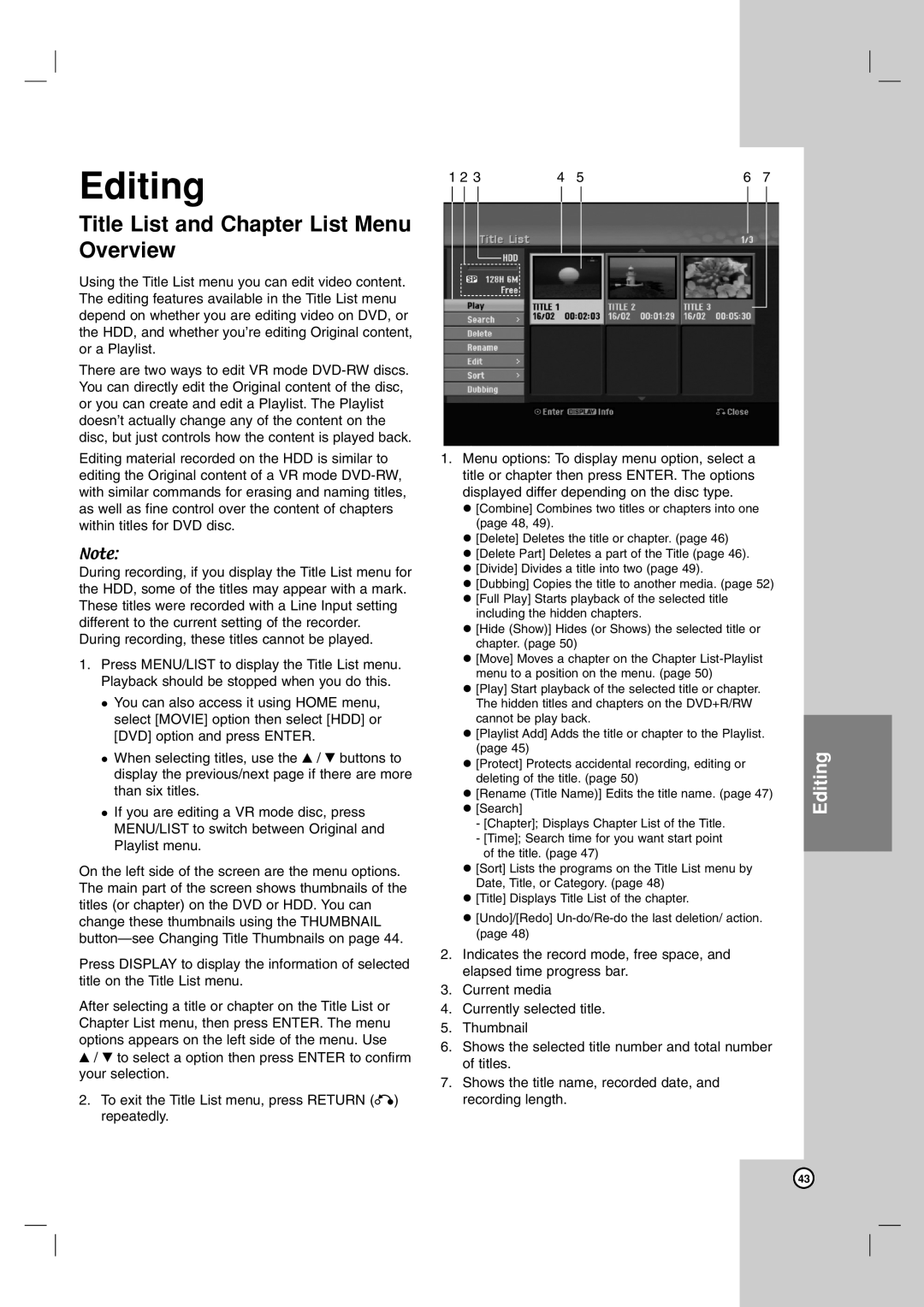 LG Electronics RH188H, RH199H owner manual Editing, Title List and Chapter List Menu Overview 