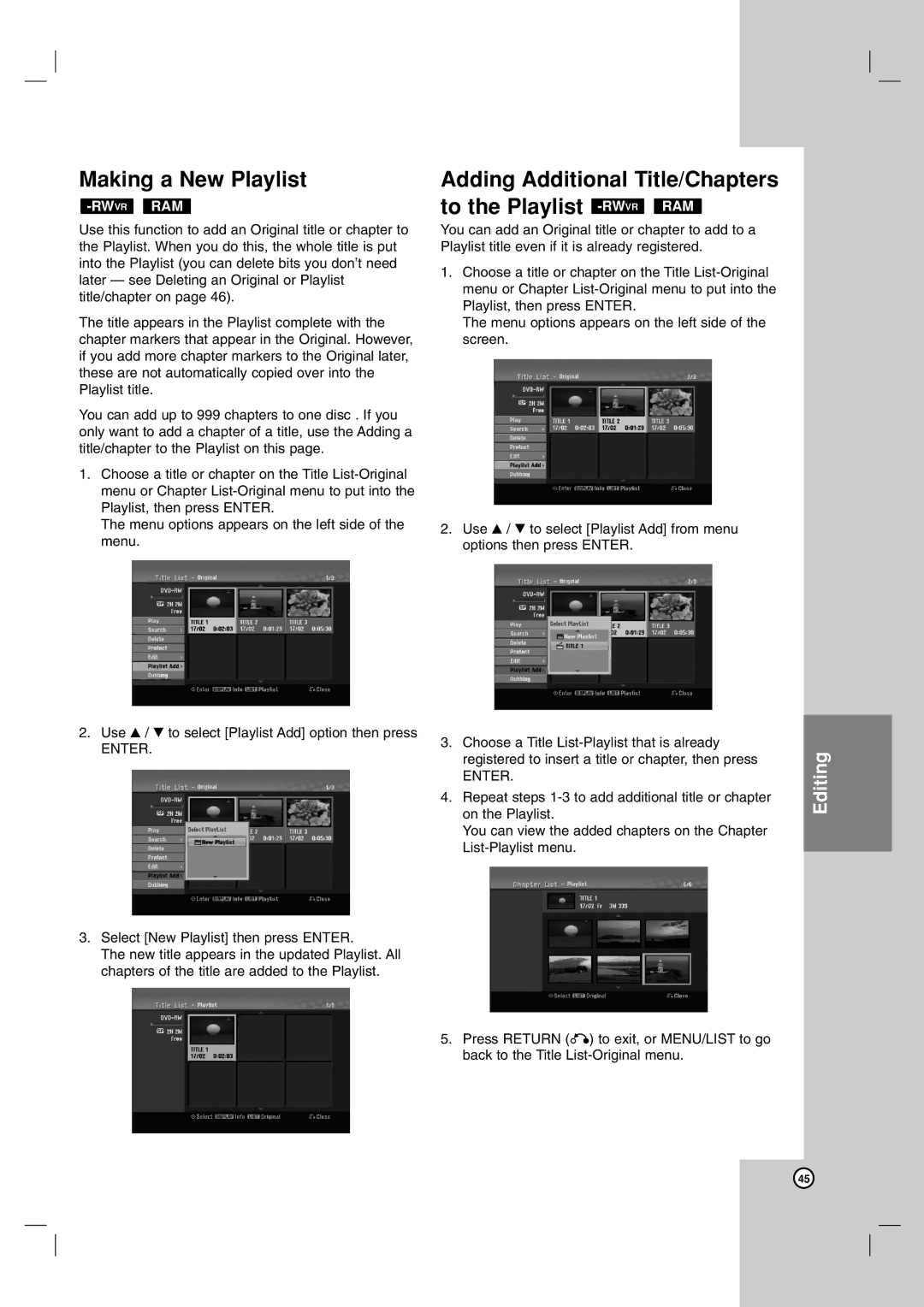 LG Electronics RH199H, RH188H owner manual Making a New Playlist, Adding Additional Title/Chapters, Ram 