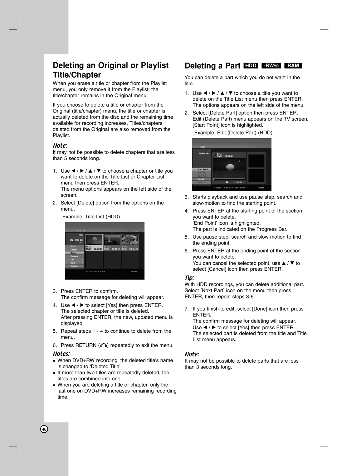 LG Electronics RH199H, RH188H Deleting an Original or Playlist Title/Chapter, Deleting a Part HDD -RWVRRAM 