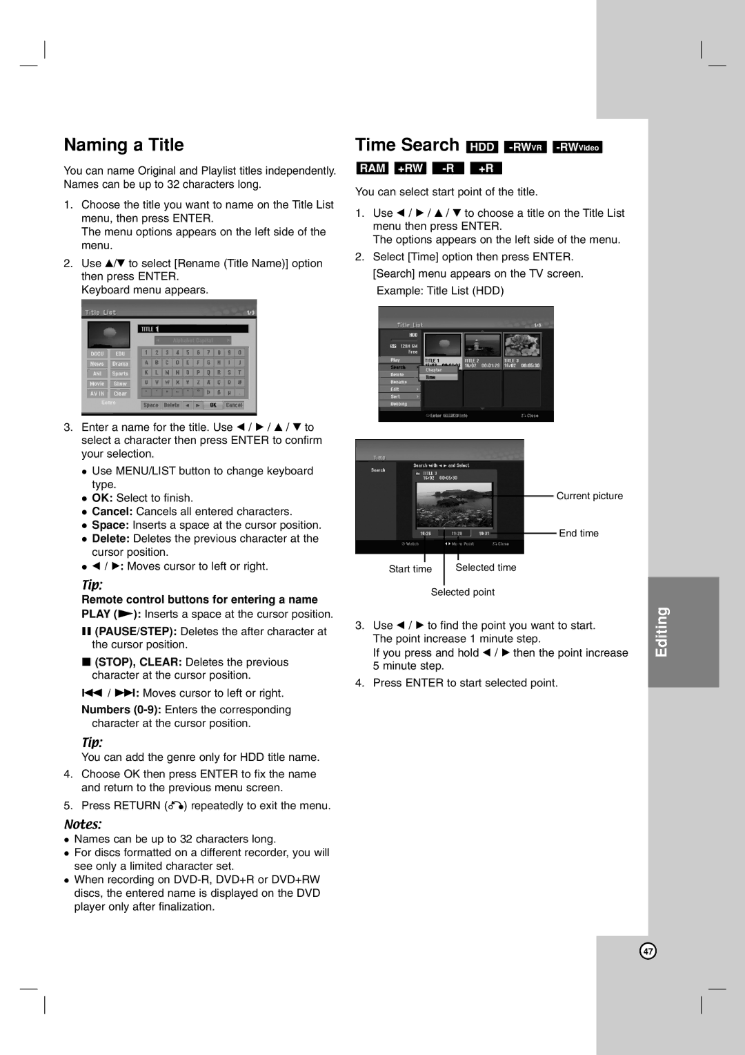LG Electronics RH188H, RH199H owner manual Naming a Title, Time Search HDD -RWVR-RWVideo, Ram +Rw -R +R 