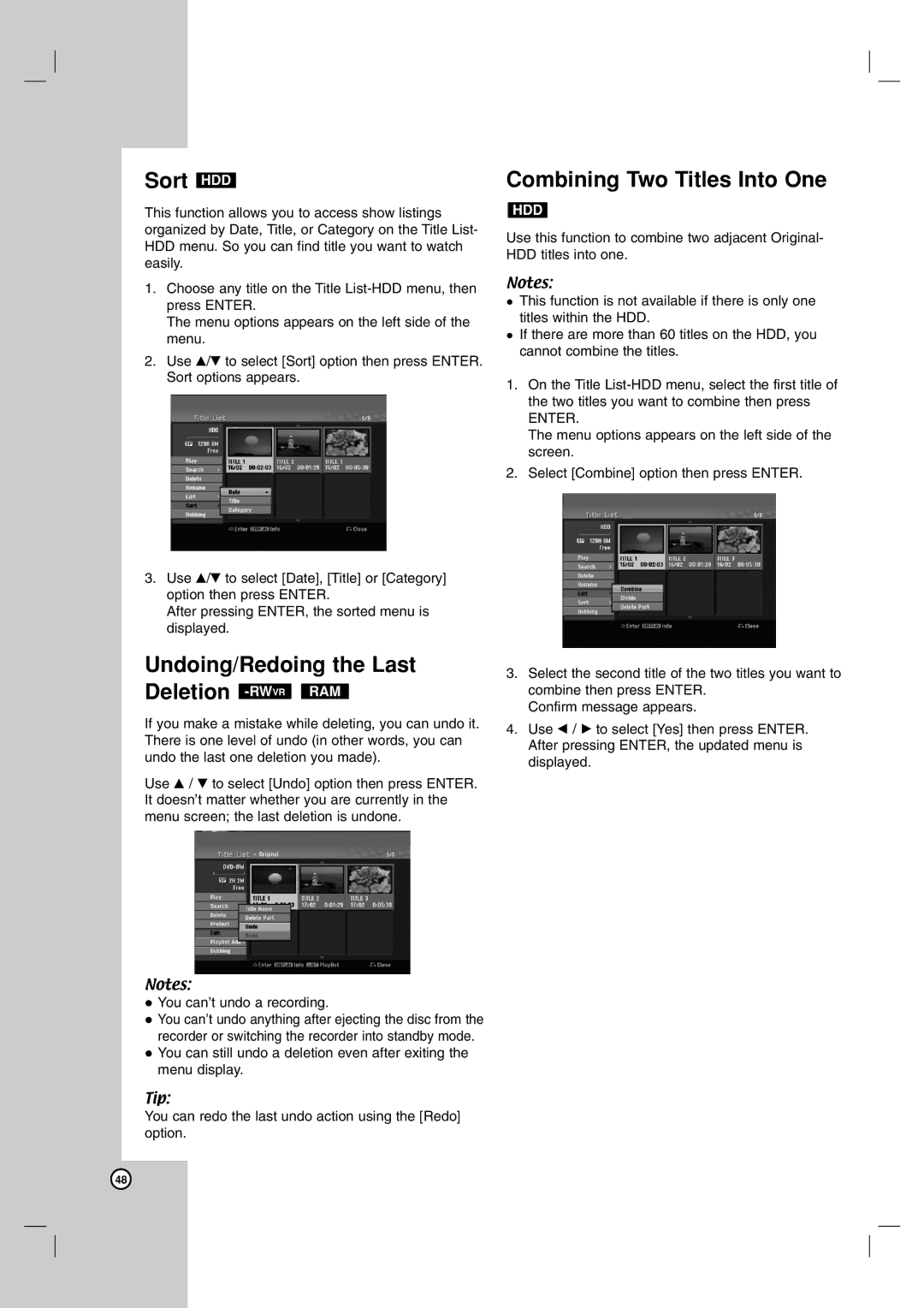 LG Electronics RH199H, RH188H Sort HDD, Undoing/Redoing the Last Deletion -RWVRRAM, Combining Two Titles Into One 