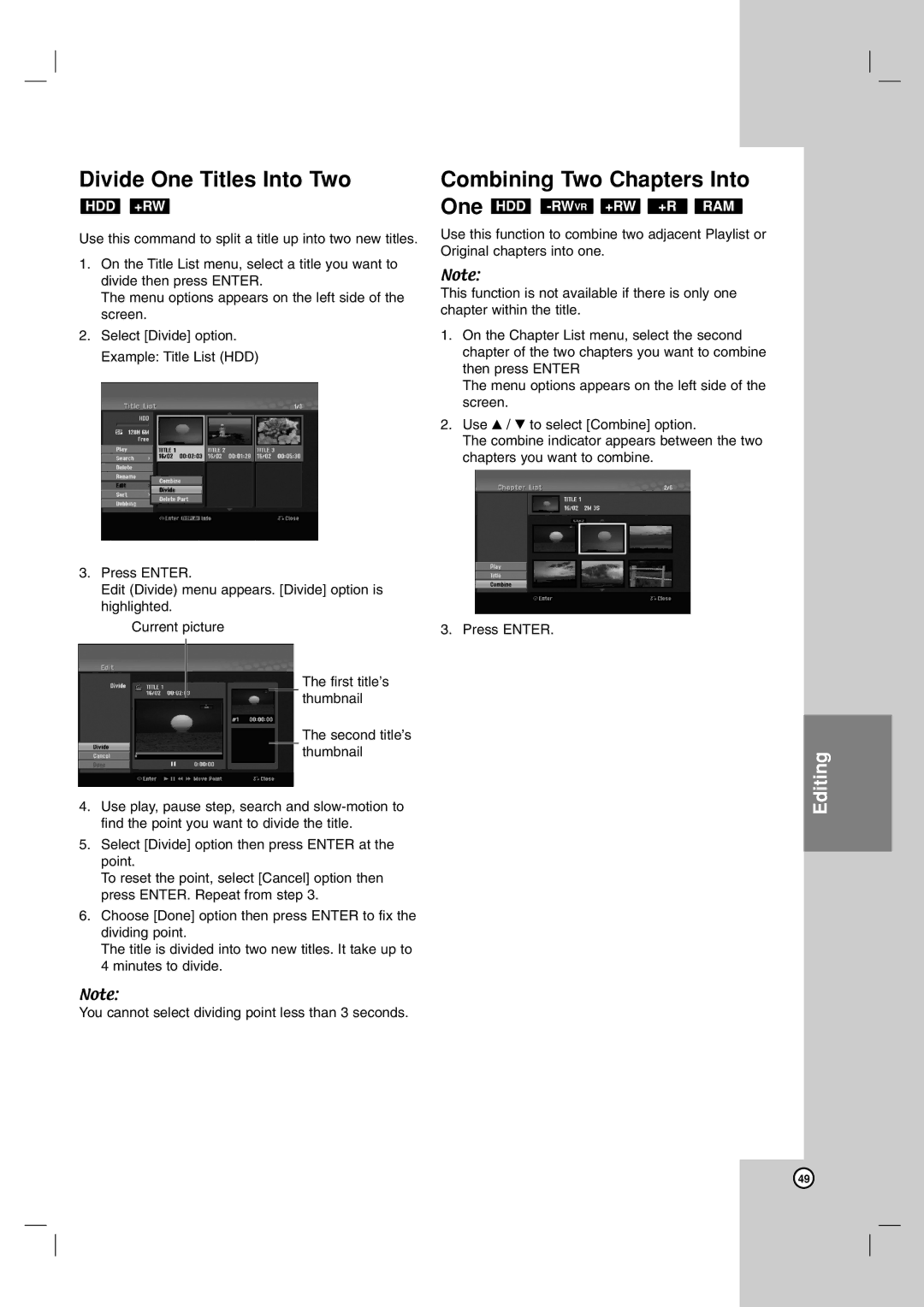 LG Electronics RH199H, RH188H owner manual Divide One Titles Into Two, Combining Two Chapters Into, Hdd +Rw 