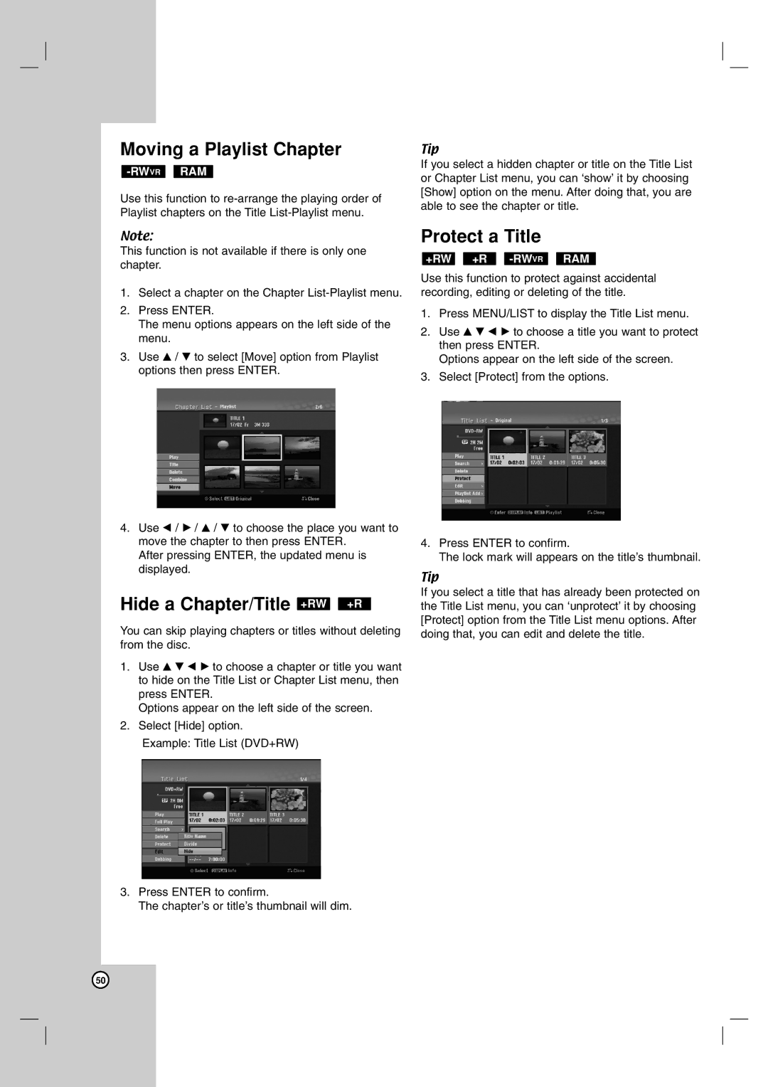 LG Electronics RH188, RH199 Moving a Playlist Chapter, Hide a Chapter/Title +RW +R, Protect a Title, +Rw +R -Rwvrram 