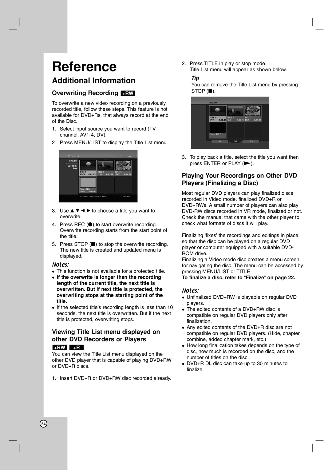 LG Electronics RH199H, RH188H owner manual Reference, Additional Information, Overwriting Recording +RW 