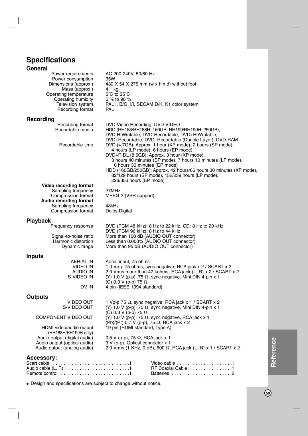 LG Electronics RH188H, RH199H owner manual Specifications 