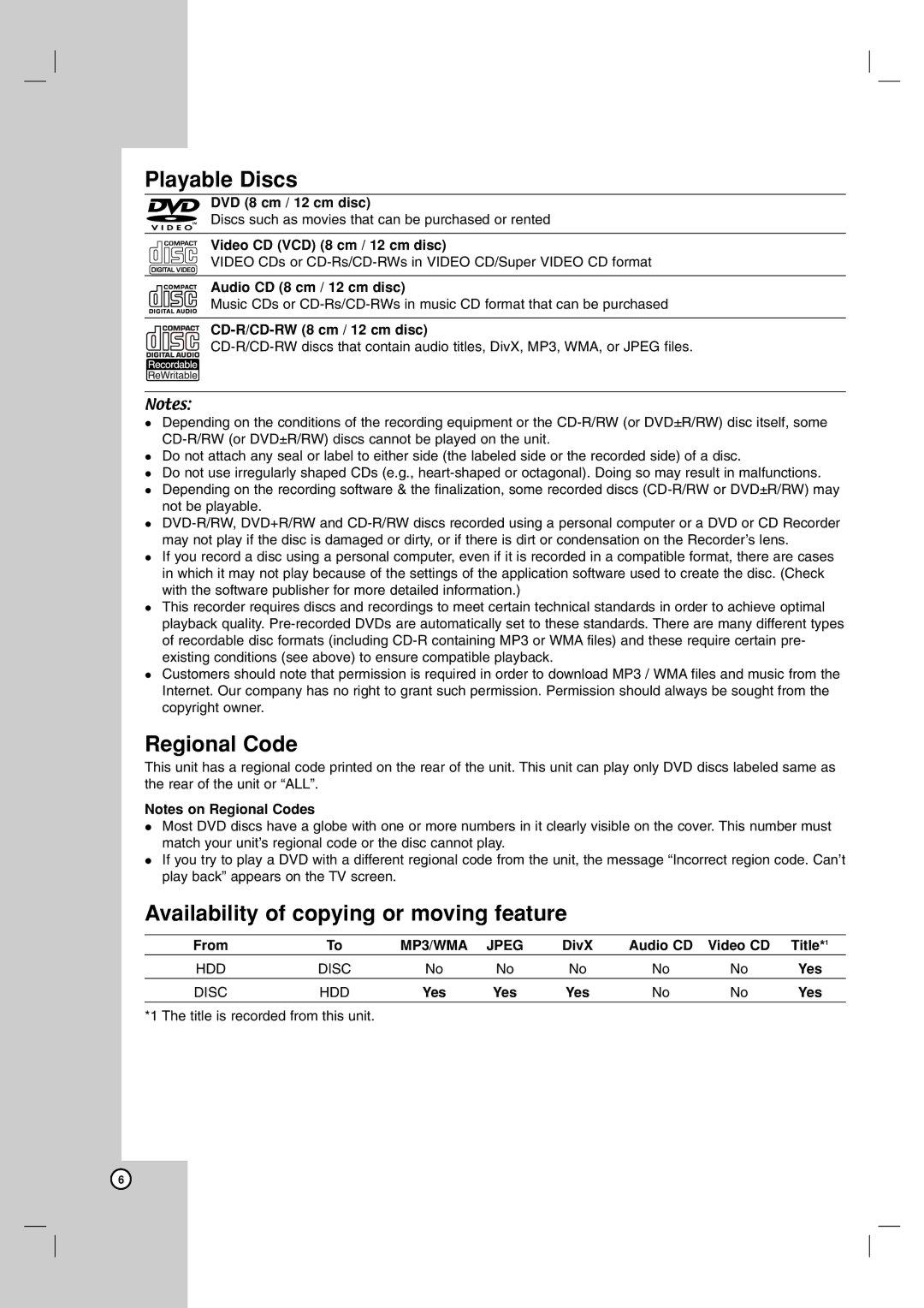 LG Electronics RH199H, RH188H owner manual Playable Discs, Regional Code, Availability of copying or moving feature 