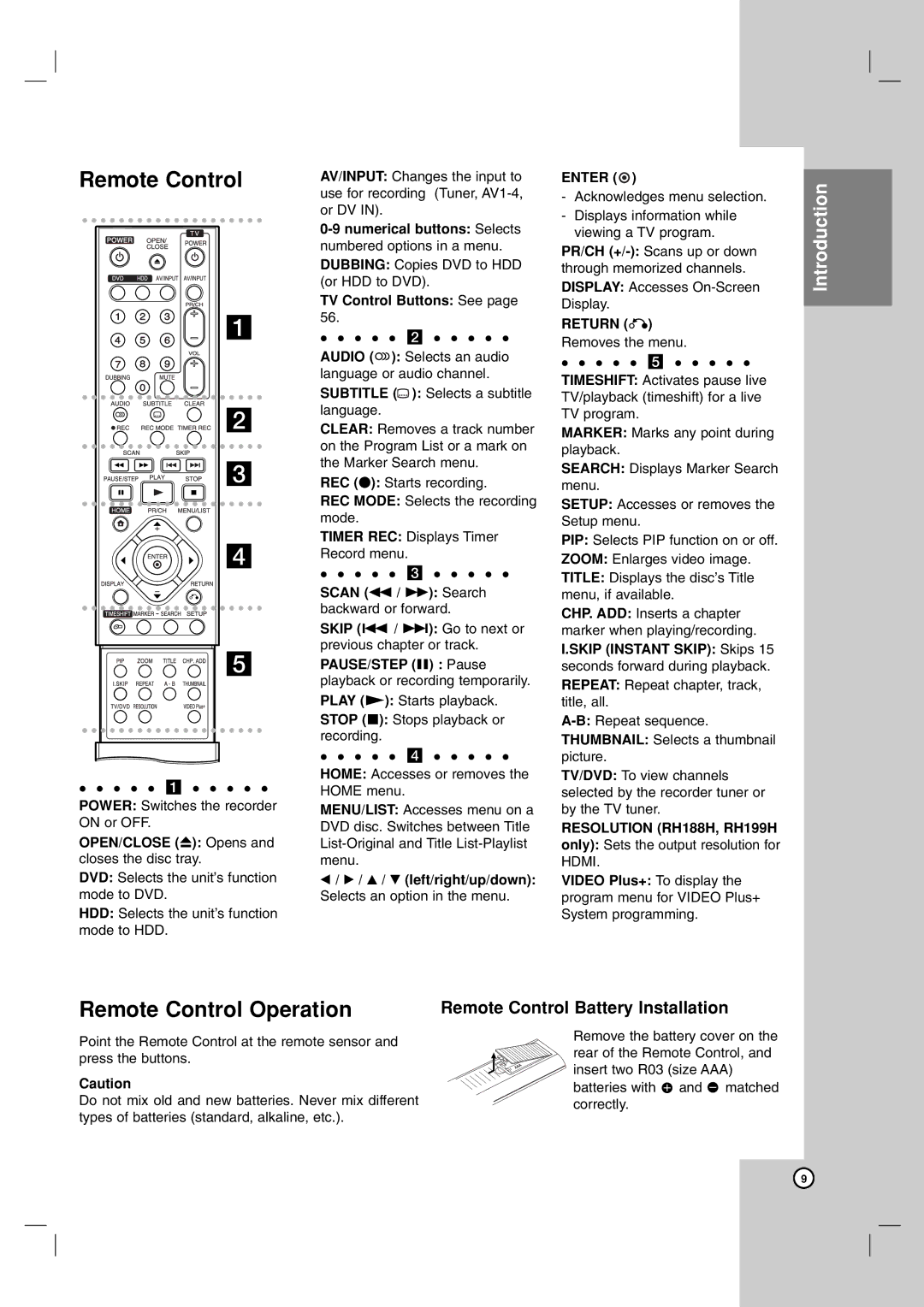 LG Electronics RH199H, RH188H owner manual Remote Control Operation, Remote Control Battery Installation 