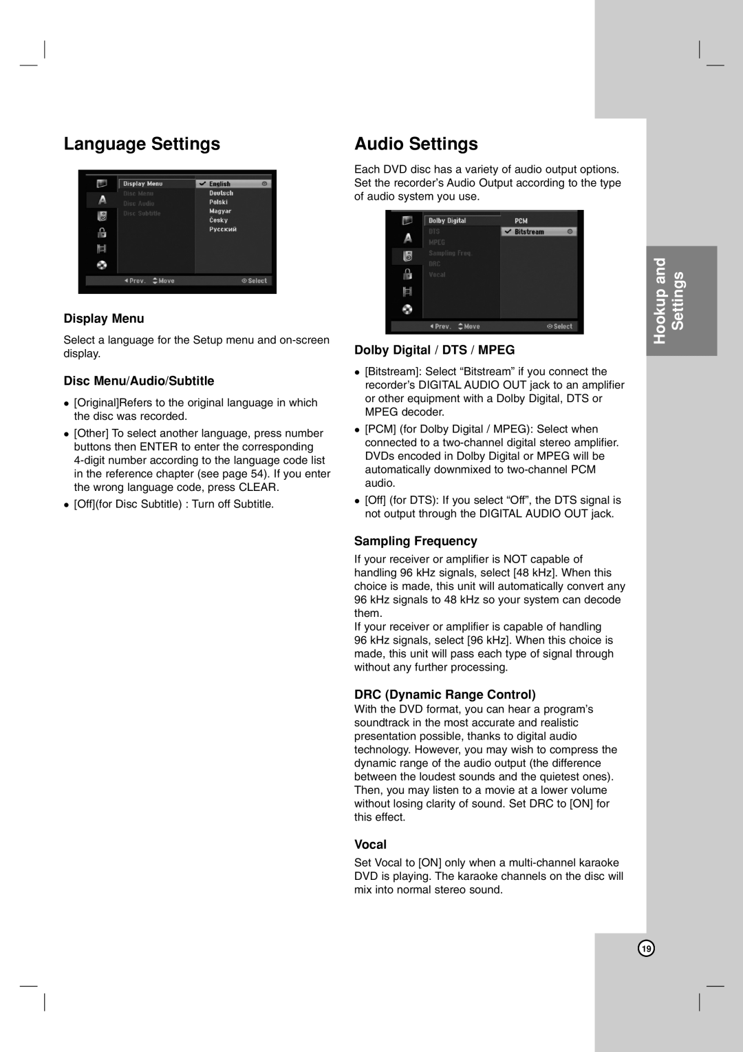 LG Electronics RH188S, RH199HS, RH188HS, RH200MHS, RH199S owner manual Language Settings, Audio Settings 