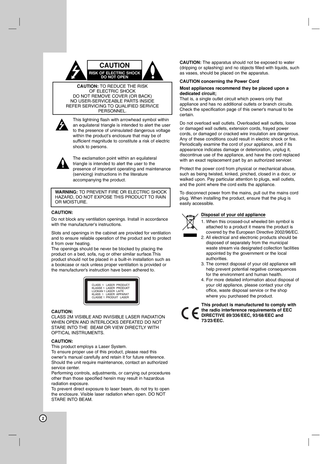 LG Electronics RH200MHS, RH199HS, RH188HS, RH199S, RH188S owner manual Disposal of your old appliance 