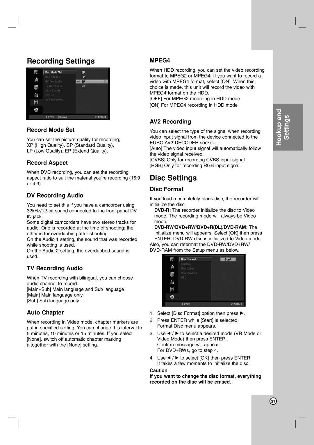 LG Electronics RH188HS, RH199HS, RH200MHS, RH199S, RH188S owner manual Recording Settings, Disc Settings 