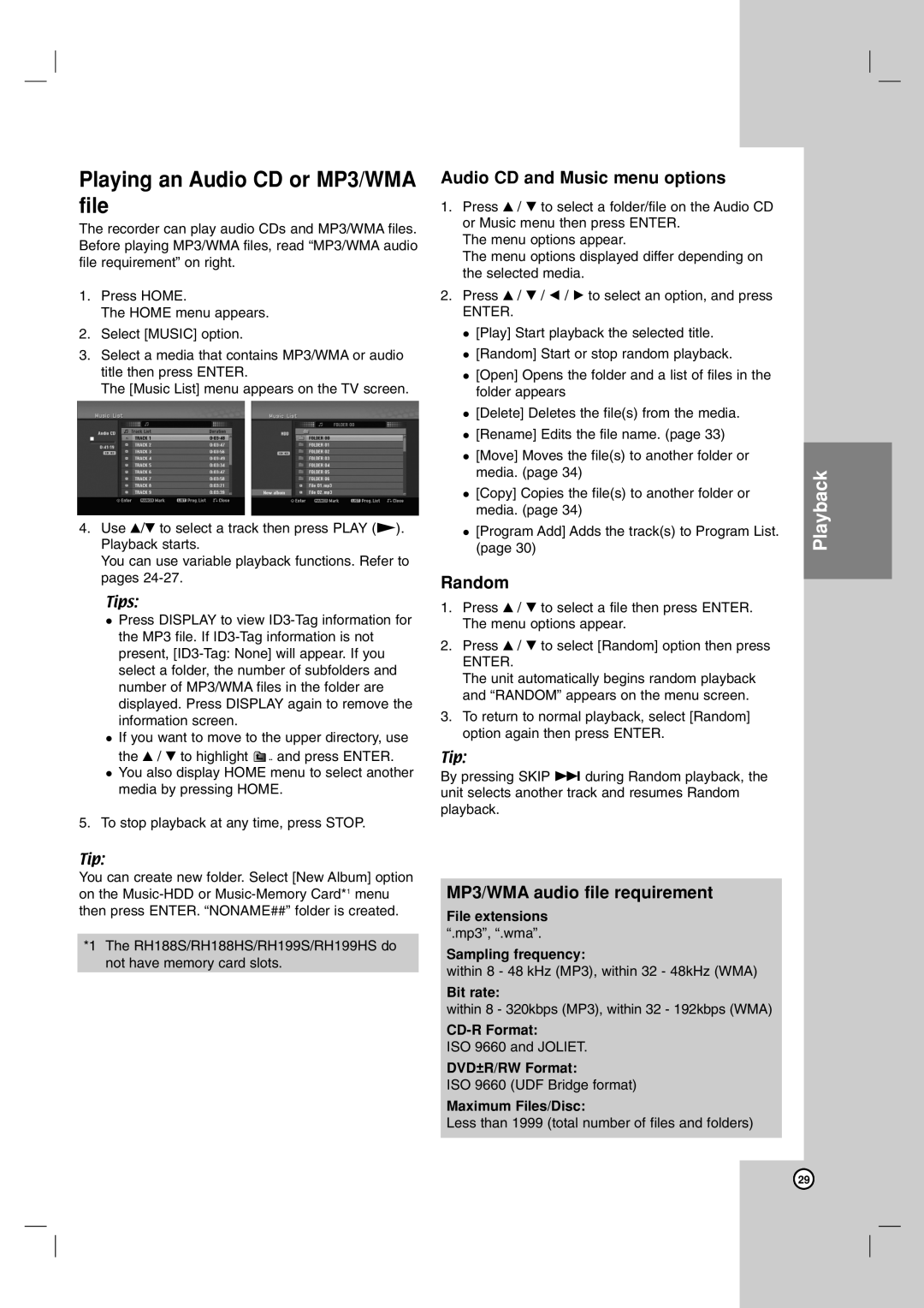 LG Electronics RH188S, RH199HS, RH188HS, RH199S Playing an Audio CD or MP3/WMA file, Audio CD and Music menu options, Random 