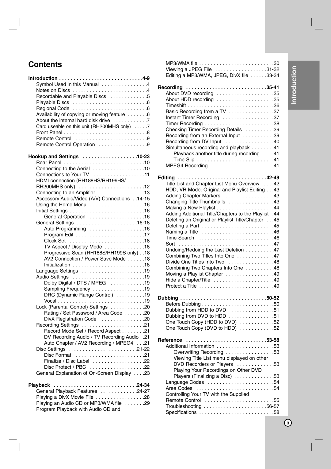 LG Electronics RH199S, RH199HS, RH188HS, RH200MHS, RH188S owner manual Contents 