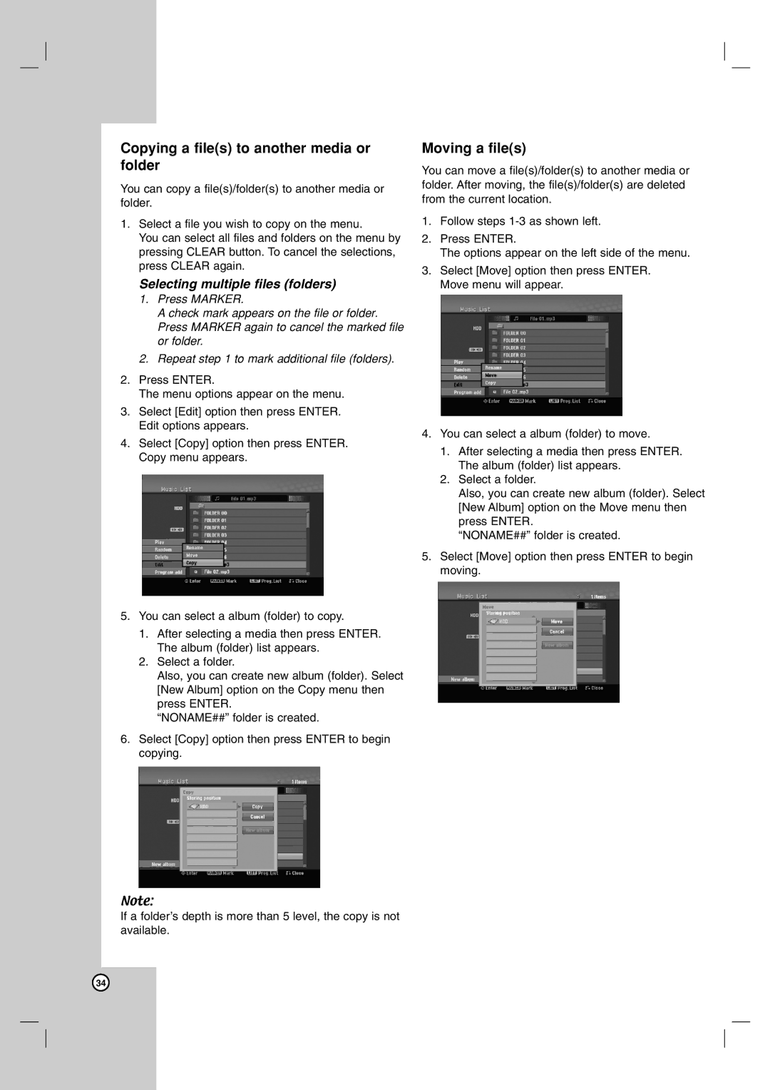 LG Electronics RH188S, RH199HS, RH188HS, RH200MHS, RH199S Copying a files to another media or folder, Moving a files 