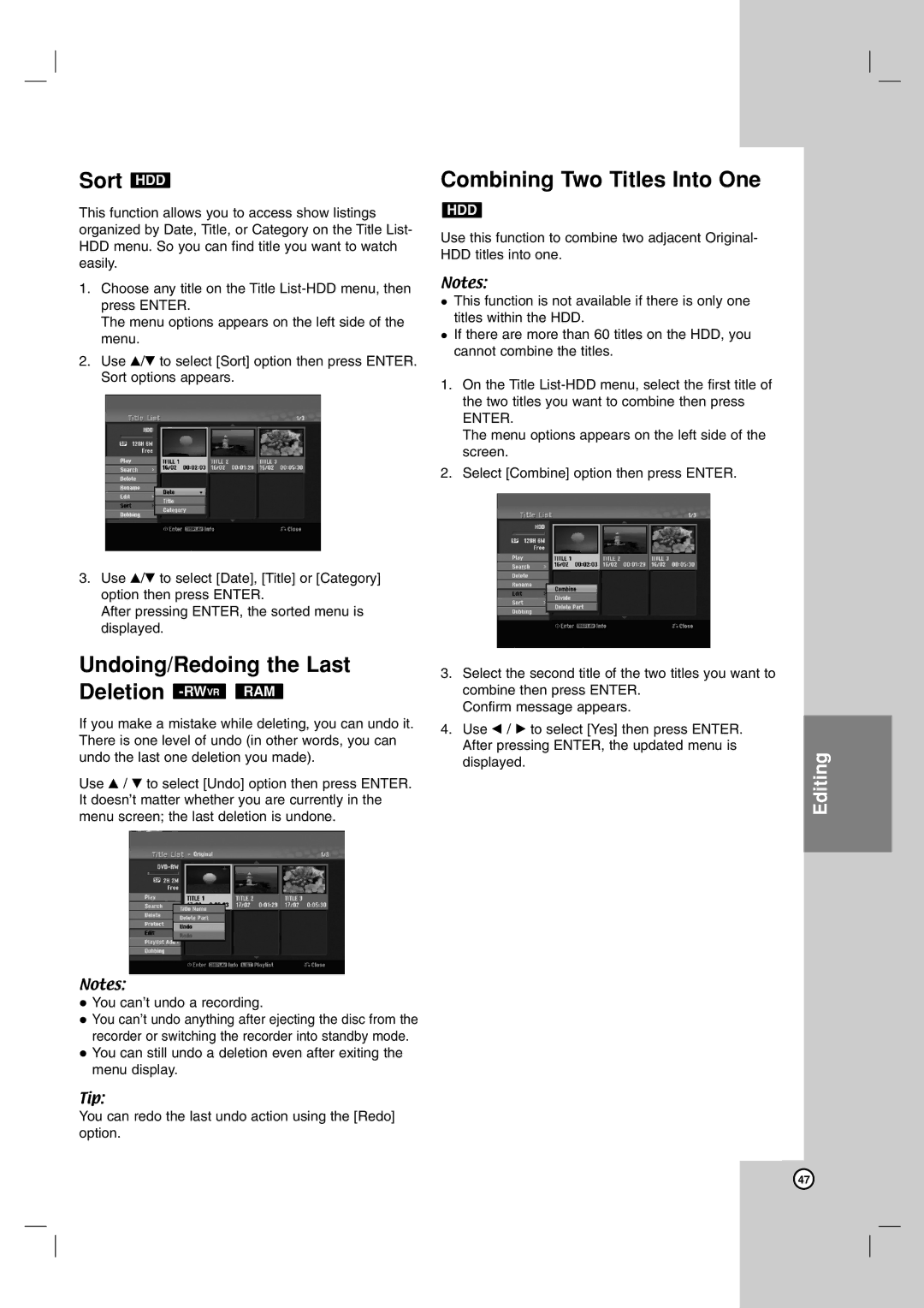 LG Electronics RH200MHS, RH199HS Sort HDD, Undoing/Redoing the Last Deletion -RWVRRAM, Combining Two Titles Into One 