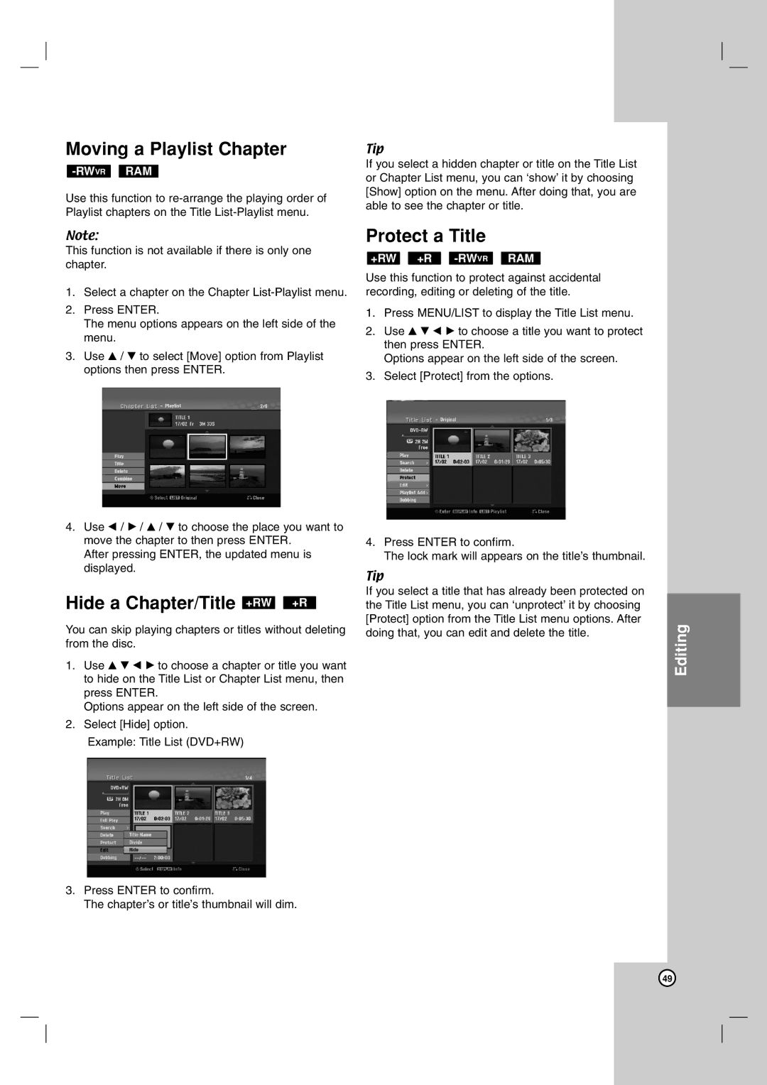 LG Electronics RH188S, RH199HS Moving a Playlist Chapter, Hide a Chapter/Title +RW +R, Protect a Title, +Rw +R -Rwvrram 