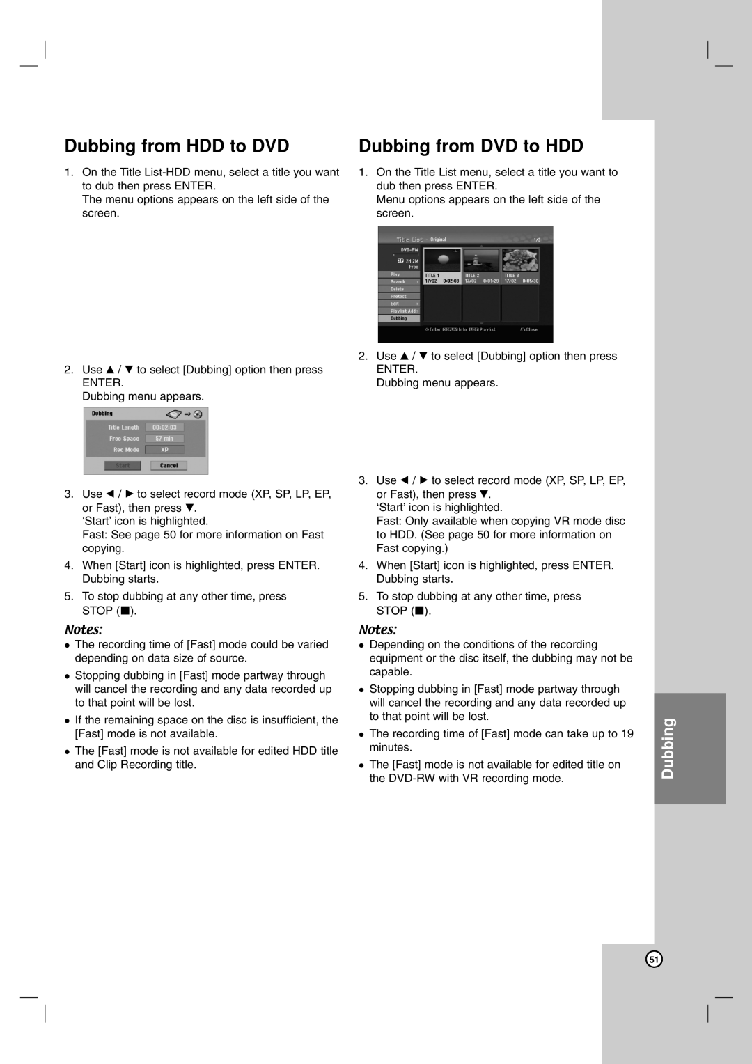 LG Electronics RH188HS, RH199HS, RH200MHS, RH199S, RH188S owner manual Dubbing from HDD to DVD, Dubbing from DVD to HDD 