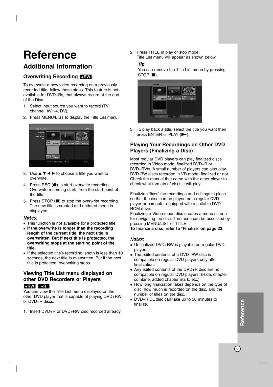 LG Electronics RH199S, RH199HS, RH188HS, RH200MHS, RH188S Reference, Additional Information, Overwriting Recording +RW 