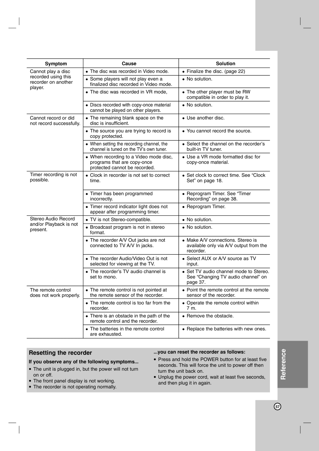 LG Electronics RH200MHS, RH199HS, RH188HS, RH199S, RH188S owner manual Resetting the recorder 