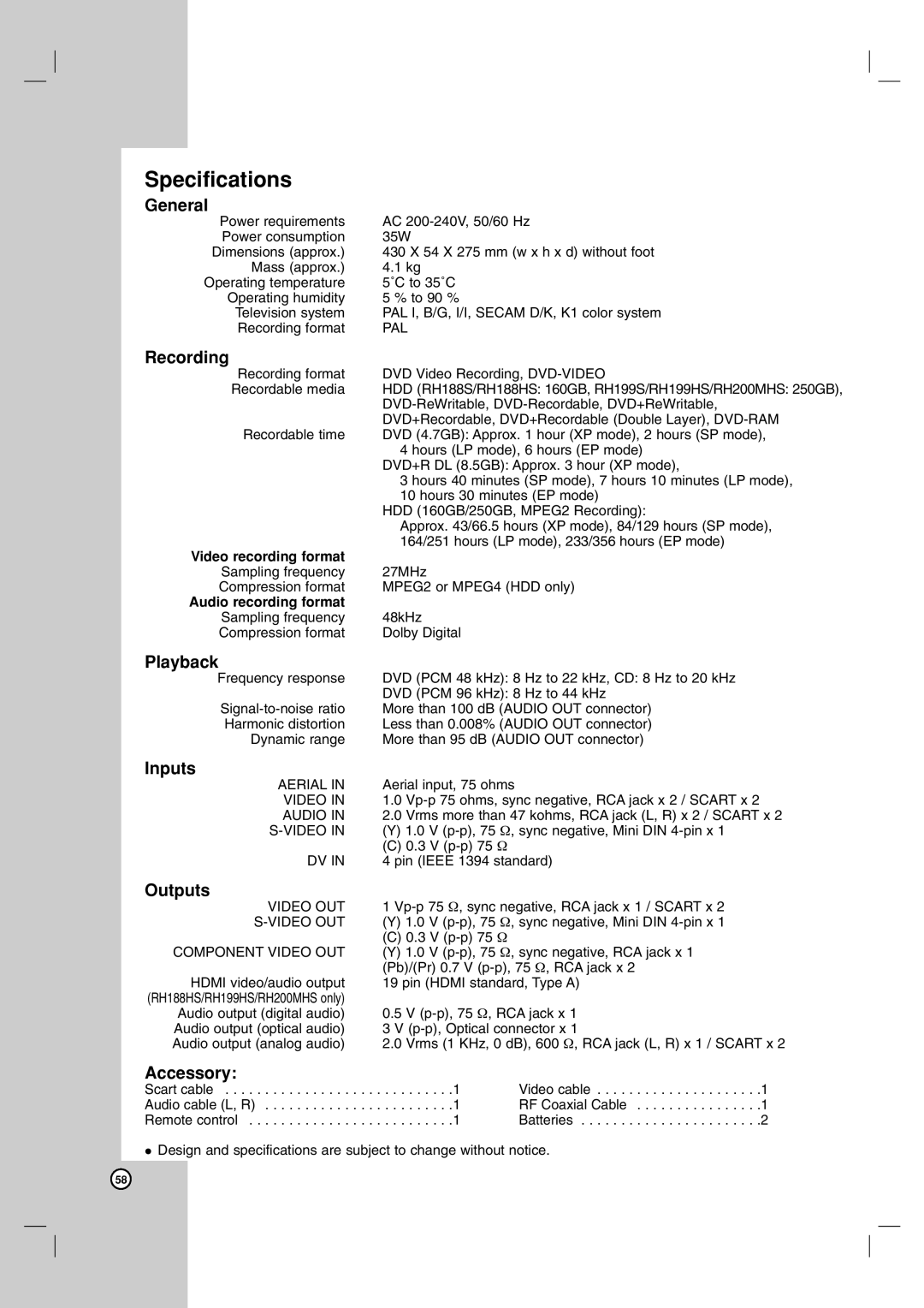 LG Electronics RH199S, RH199HS, RH188HS, RH200MHS, RH188S owner manual Specifications 