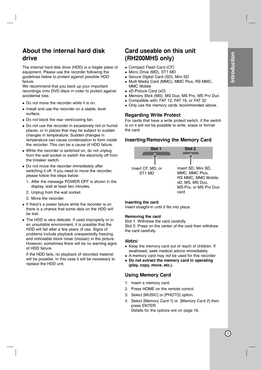 LG Electronics About the internal hard disk drive, Card useable on this unit RH200MHS only, Regarding Write Protect 