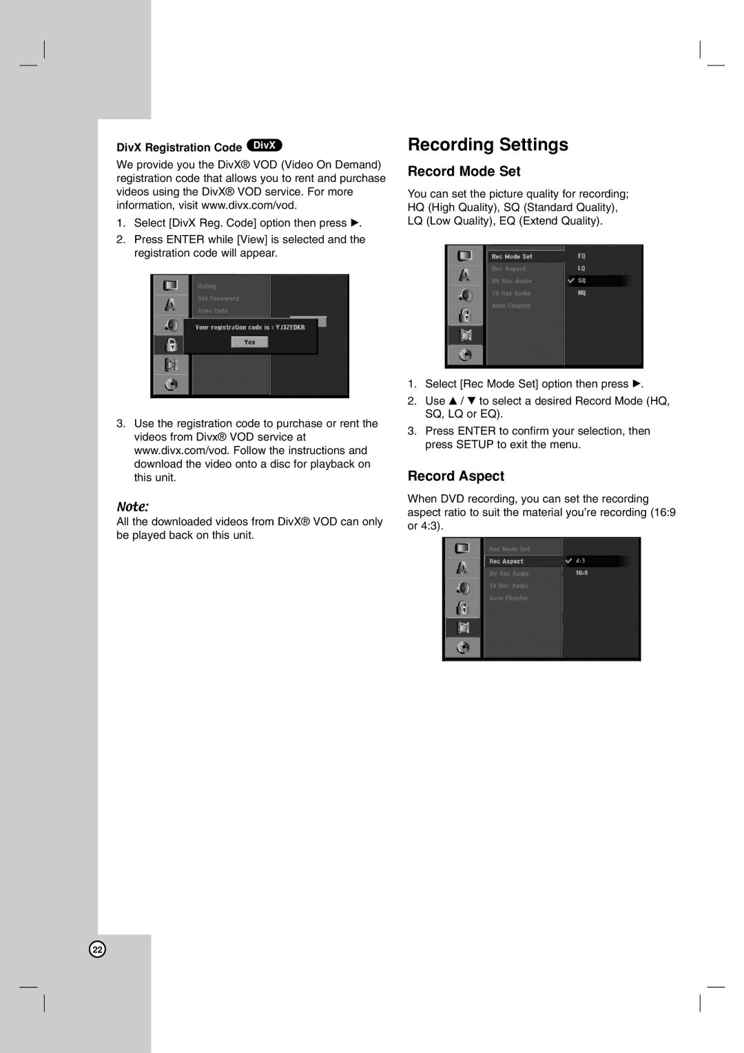 LG Electronics RH7500, RH7800 owner manual Recording Settings, Record Mode Set, Record Aspect, DivX Registration Code DivX 