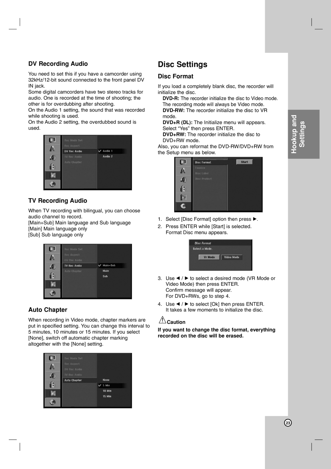 LG Electronics RH7800, RH7500 owner manual Disc Settings, DV Recording Audio, TV Recording Audio, Auto Chapter, Disc Format 