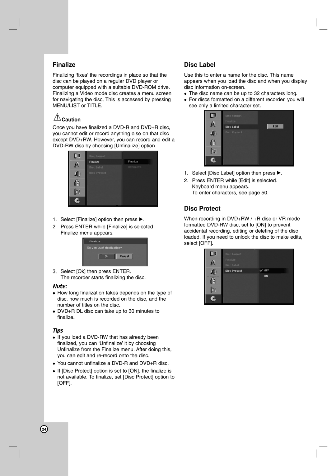 LG Electronics RH7500, RH7800 owner manual Finalize, Disc Label, Disc Protect 