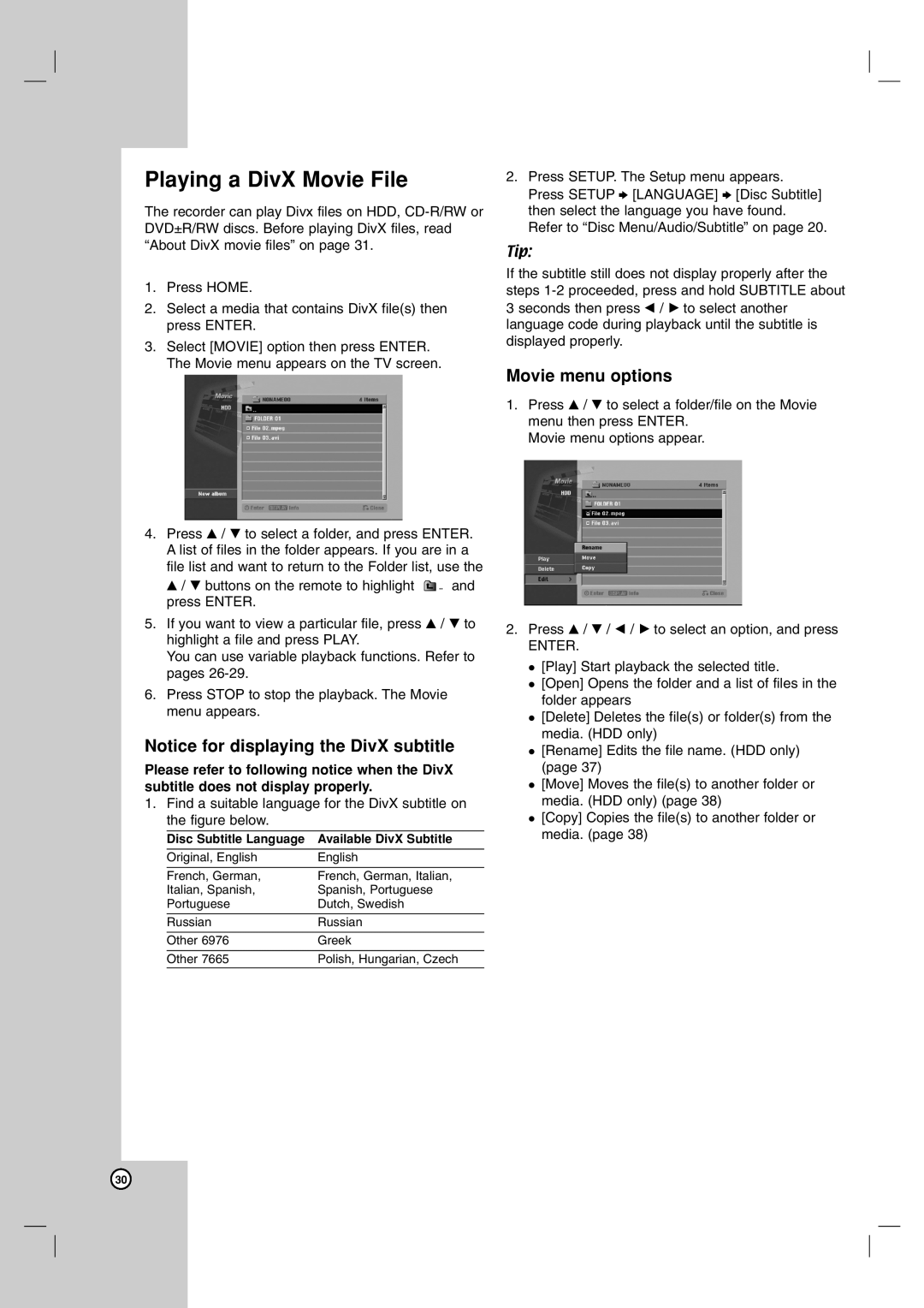 LG Electronics RH7500, RH7800 owner manual Playing a DivX Movie File, Movie menu options 