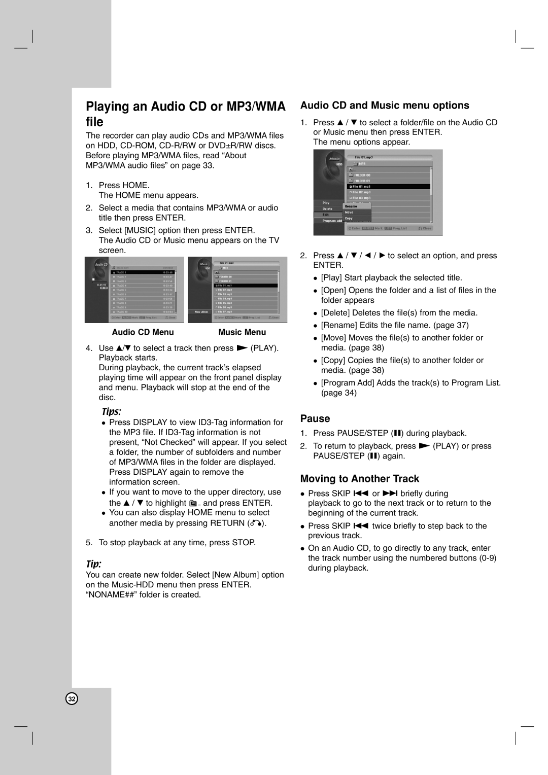 LG Electronics RH7500 Playing an Audio CD or MP3/WMA file, Audio CD and Music menu options, Pause, Moving to Another Track 